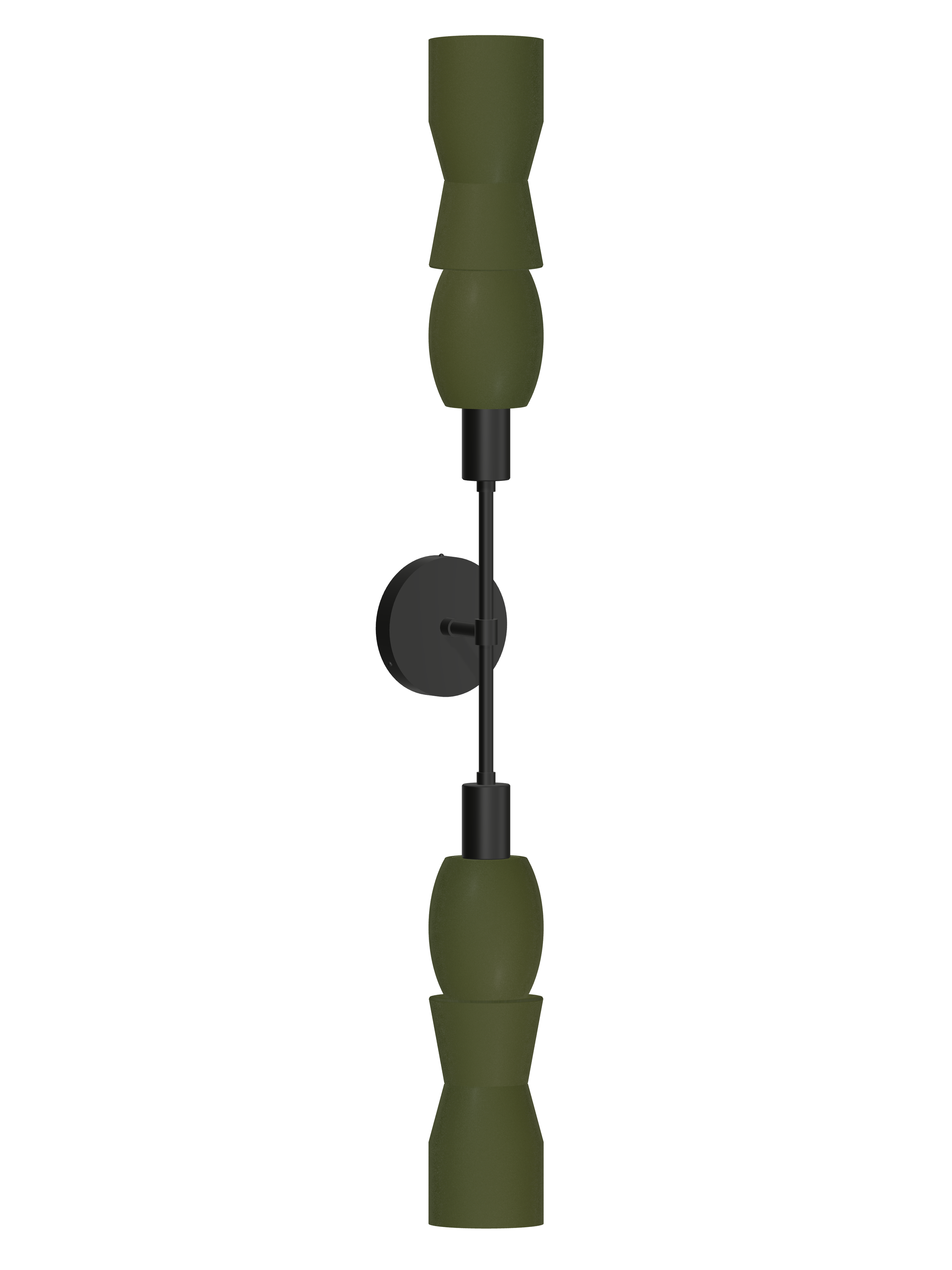 Major Plus One double-ended wall sconce with dark green shapes and black hardware; hardwired version, light off.
