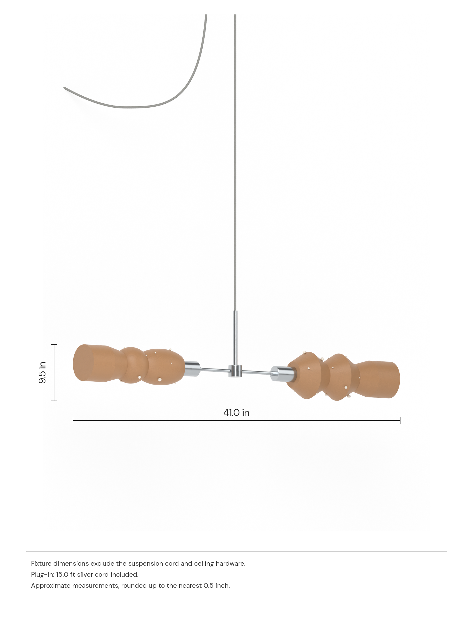 Scar Eavesdropper in Frosted Brown with Pearl details and nickel hardware and a matching silver cord, plug-in. Dimension drawing: 9.5 in high × 41.0 in wide, excluding flexible cords.