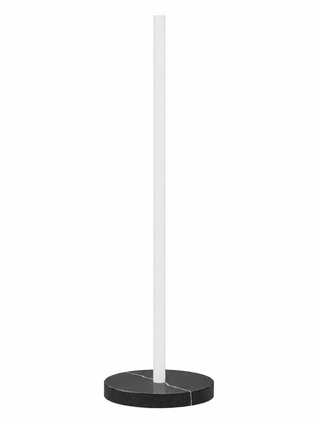 Eldon Trace Column lamp in black marble, a warm white lit column on a round black marble disc base.