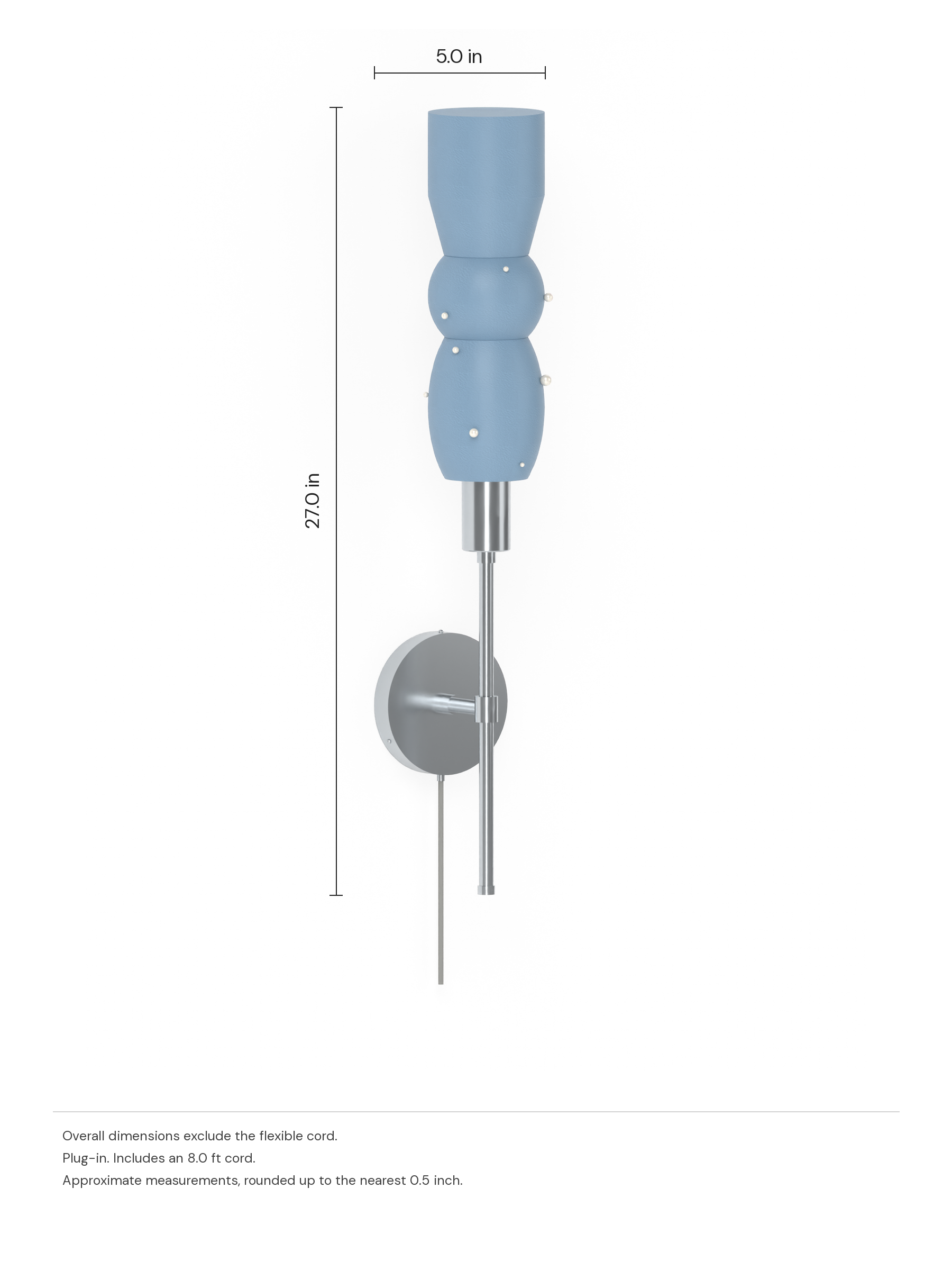 Guest Star Wallflower in Twill with Pearl details with nickel hardware, plug-in. Dimension drawing: 27.0 in high × 5.0 in wide, excluding flexible cords.