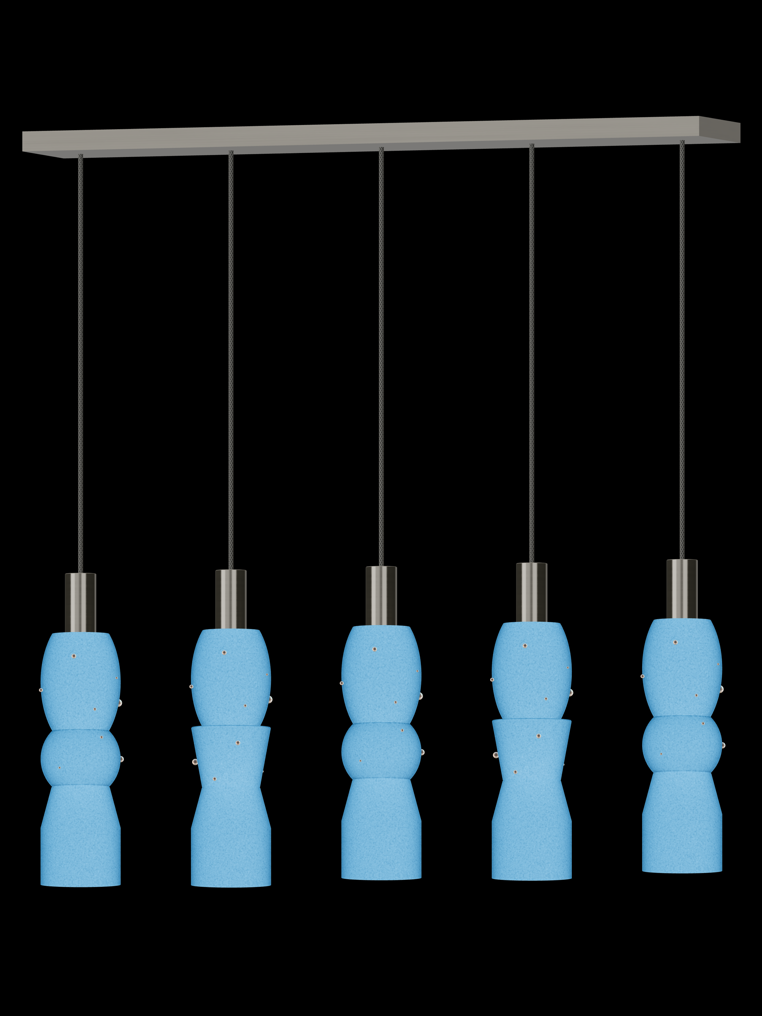 Guest Star Runway 5 five-pendant light with glowing blue shapes with pearl details and nickel hardware; hardwired version.
