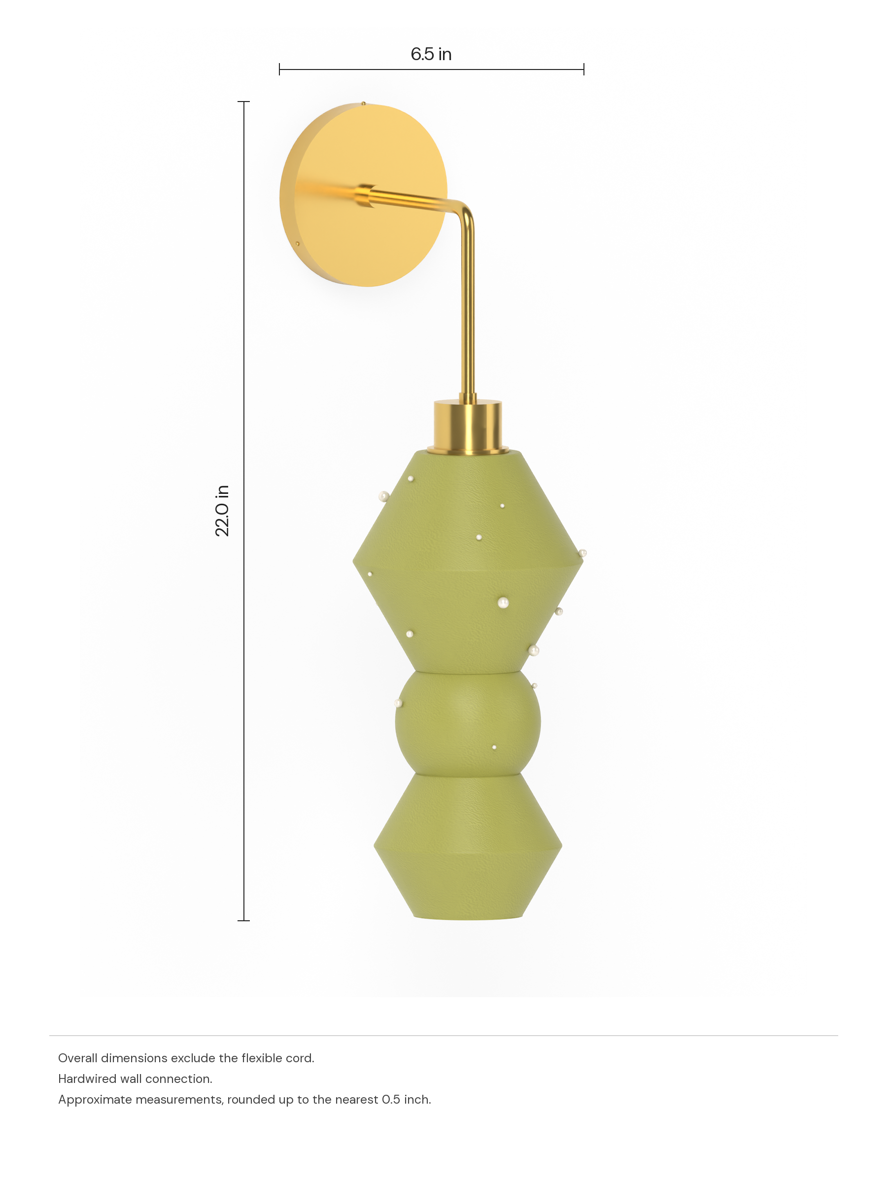 Viv Drop Out in French Monk with Pearl details with brass hardware, hardwired. Dimension drawing: 22.0 in high × 6.5 in wide, excluding flexible cords.