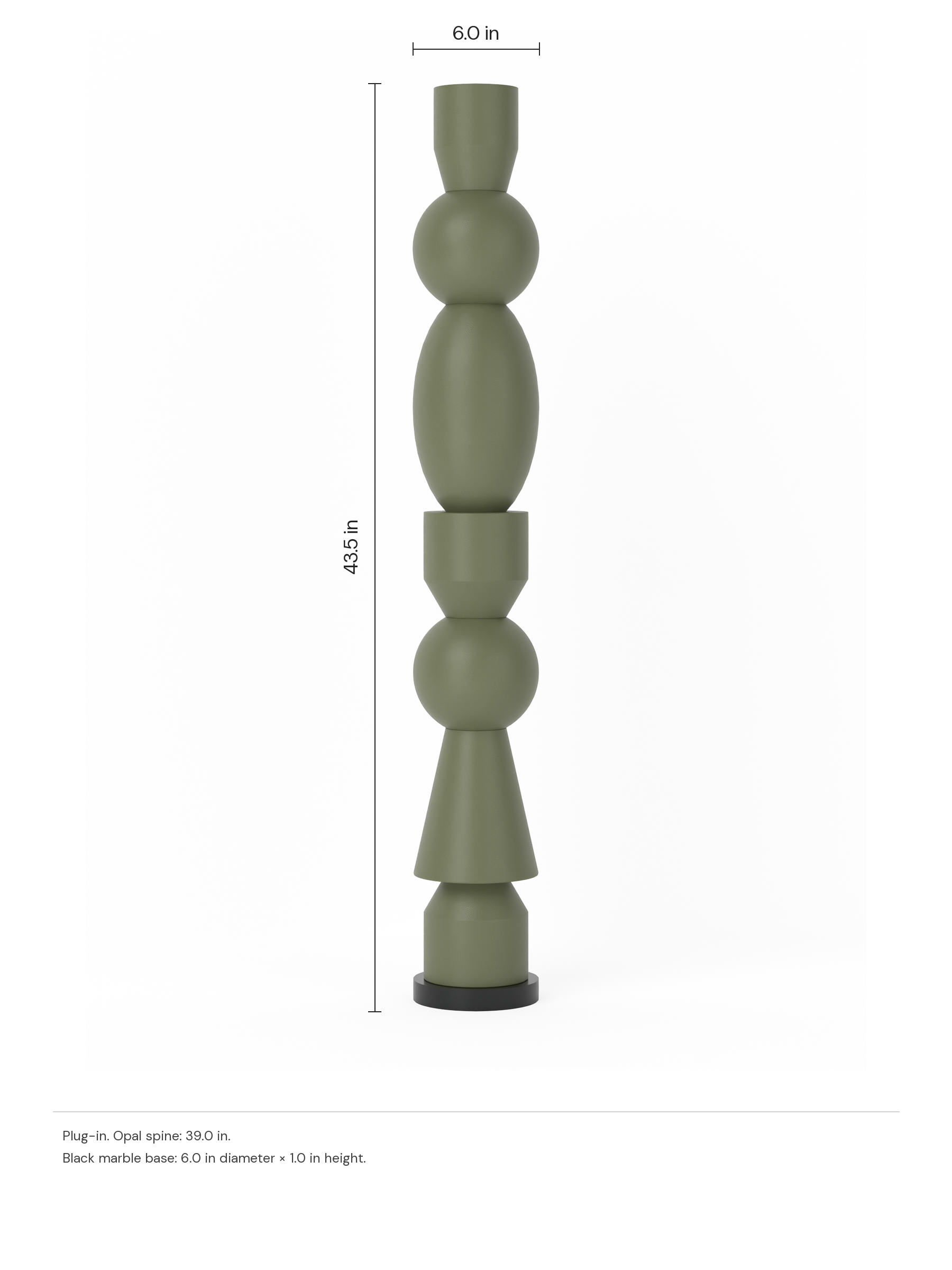 Major Totem in Dark Green on a black marble disc base, plug-in. Approximate dimensions: 43.5 in high and 6.0 in wide, rounded up to the nearest half inch.