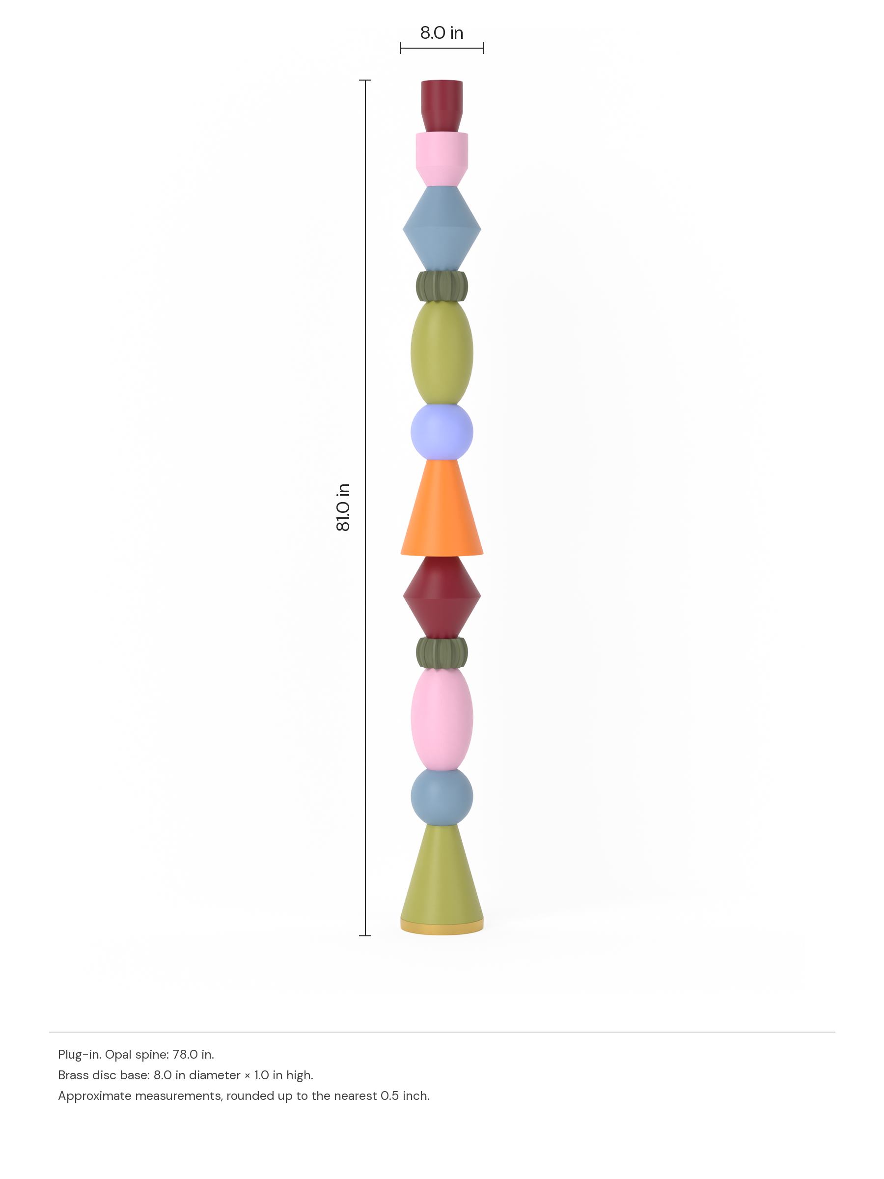 Hush Money Totem in multiple colors on a brass disc base, plug-in. Dimension drawing: 81.0 in high × 8.0 in wide, excluding flexible cords.