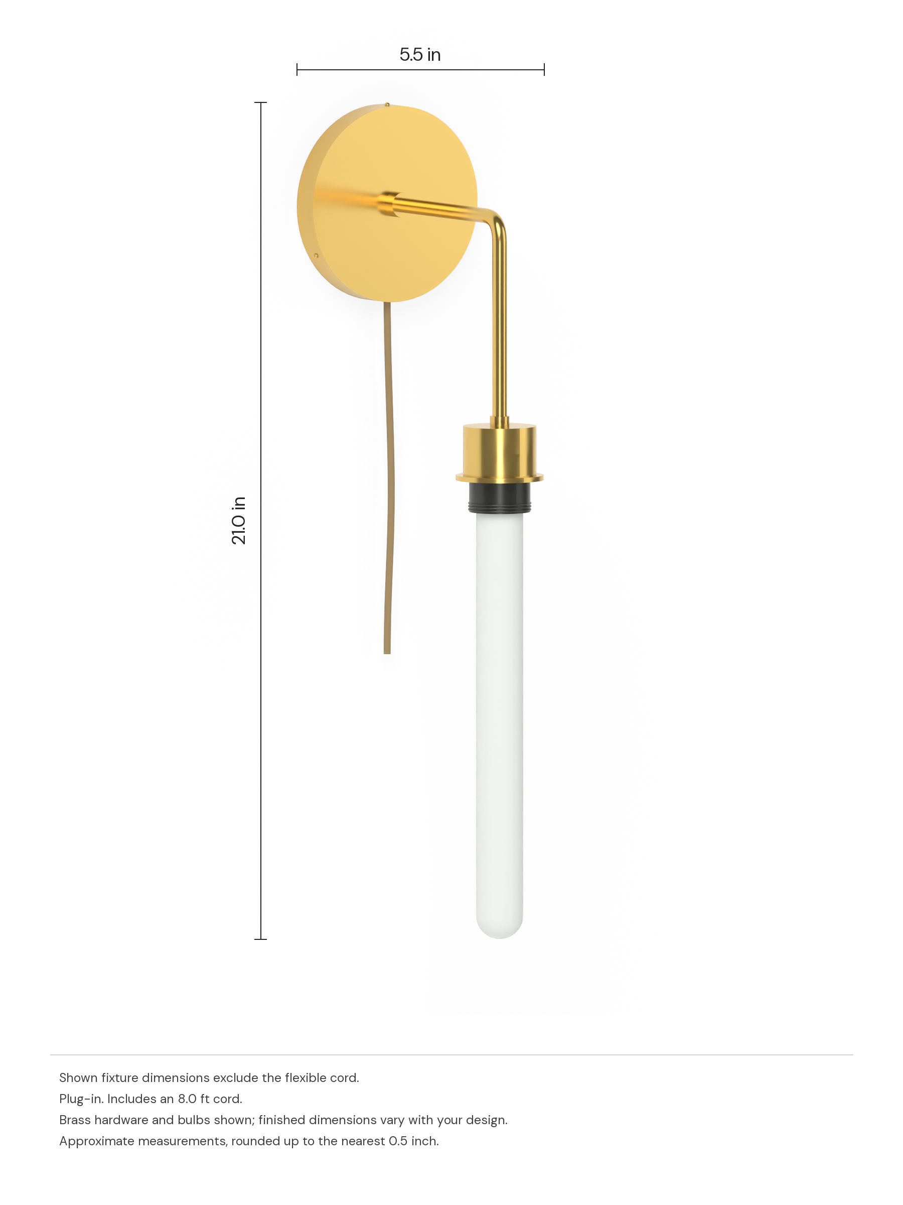 Custom Drop Out with brass hardware and opal bulbs, before adding custom shapes, plug-in. Dimension drawing: 21.0 in high × 5.5 in wide, excluding flexible cords.