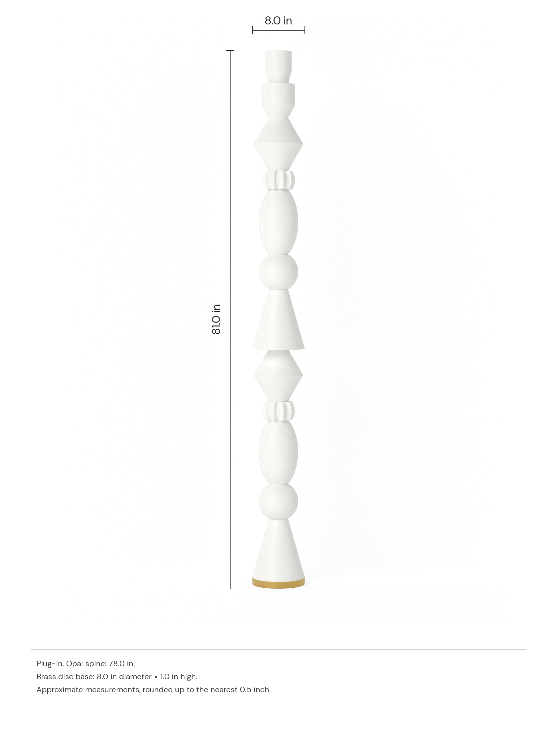 HUSH MONEY in Linen on a brass disc base, plug-in. Dimension drawing: 81.0 in high × 8.0 in wide, excluding flexible cords.