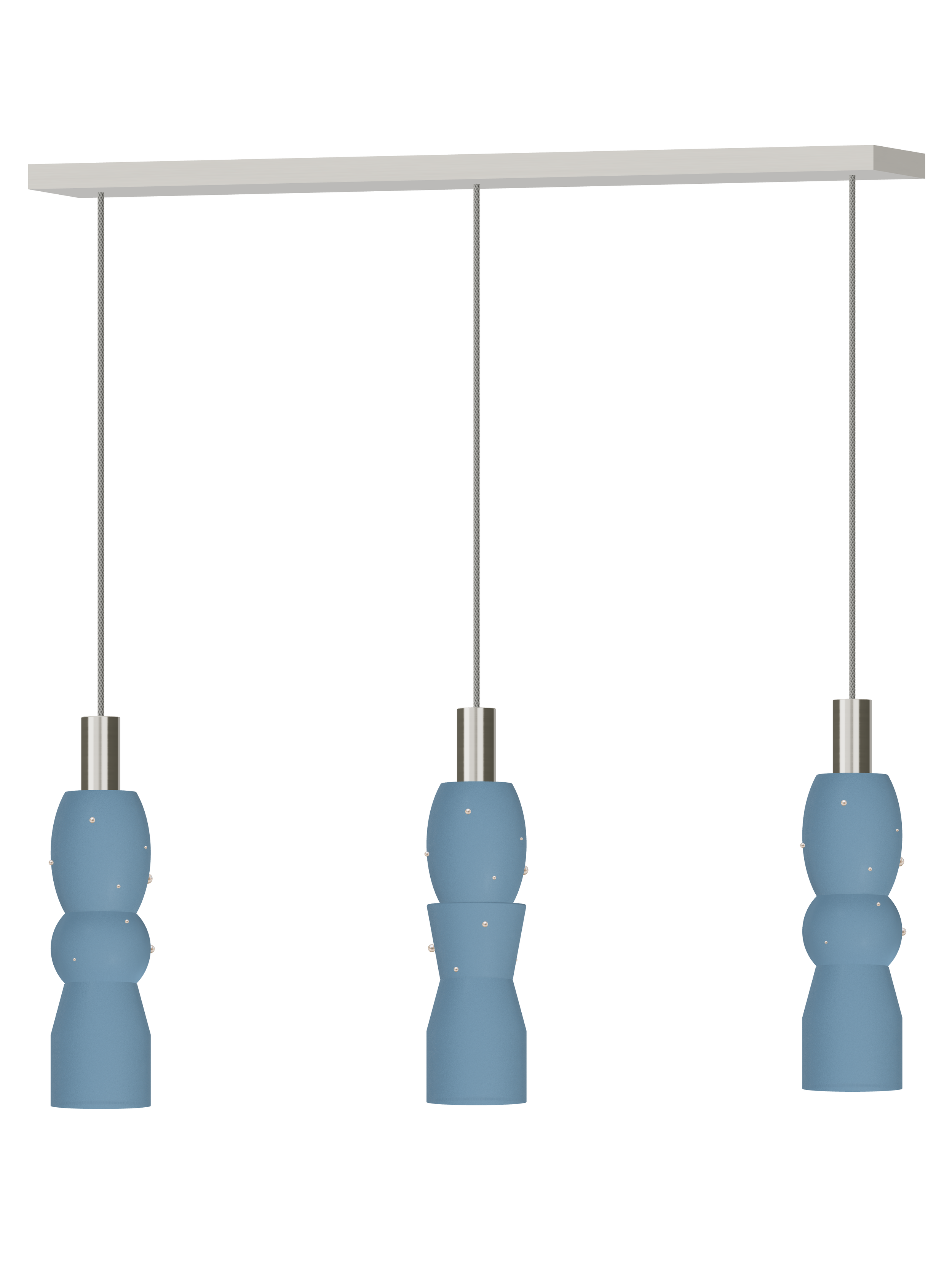 Guest Star Runway 3 three-pendant light with blue shapes with pearl details and nickel hardware; hardwired version, light off.
