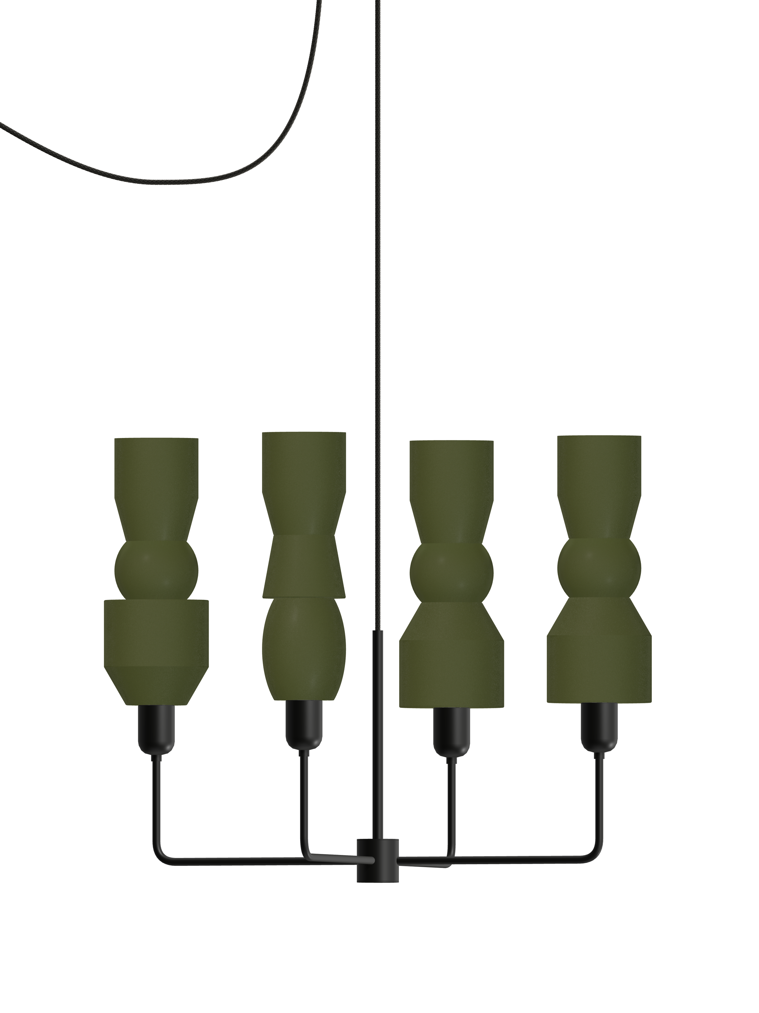 Major Auburn four-arm chandelier with dark green shapes and black hardware; plug-in version, light off.