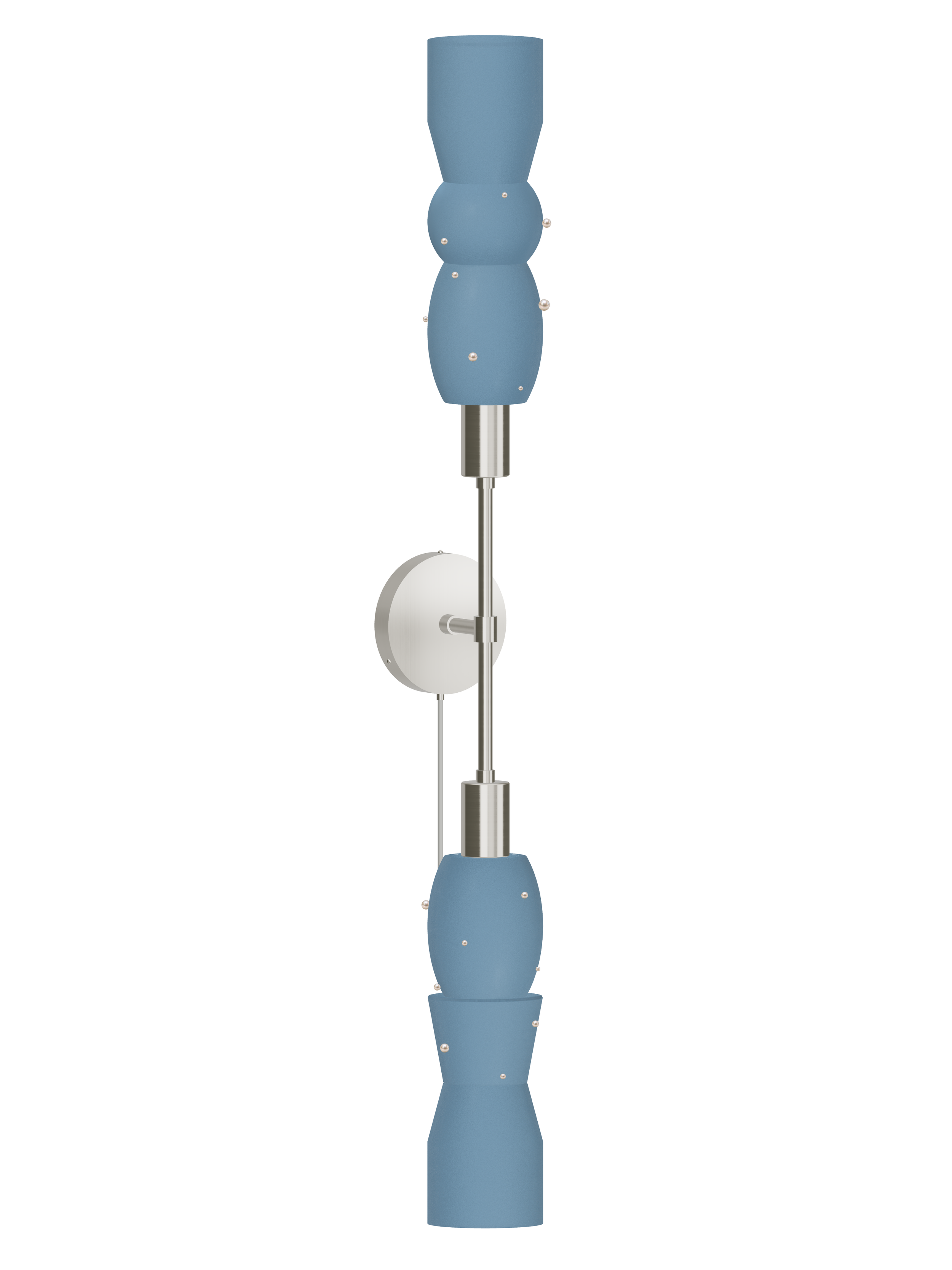 Guest Star Plus One double-ended wall sconce with blue shapes with pearl details and nickel hardware; plug-in version, light off.
