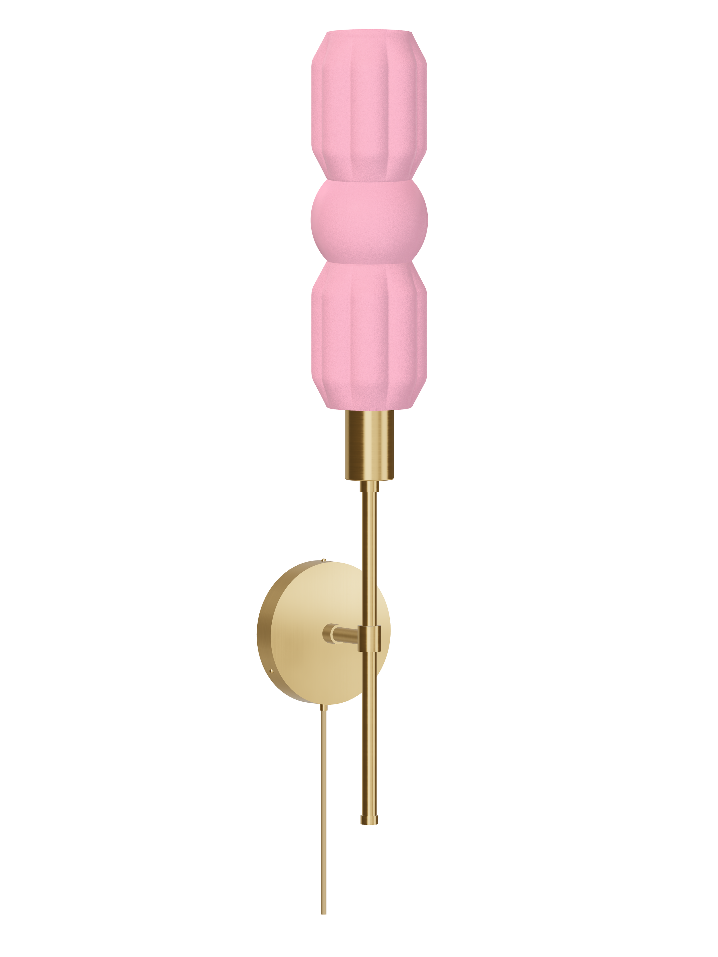 Elaine Wallflower upright wall sconce with pink shapes and brass hardware; plug-in version, light off.