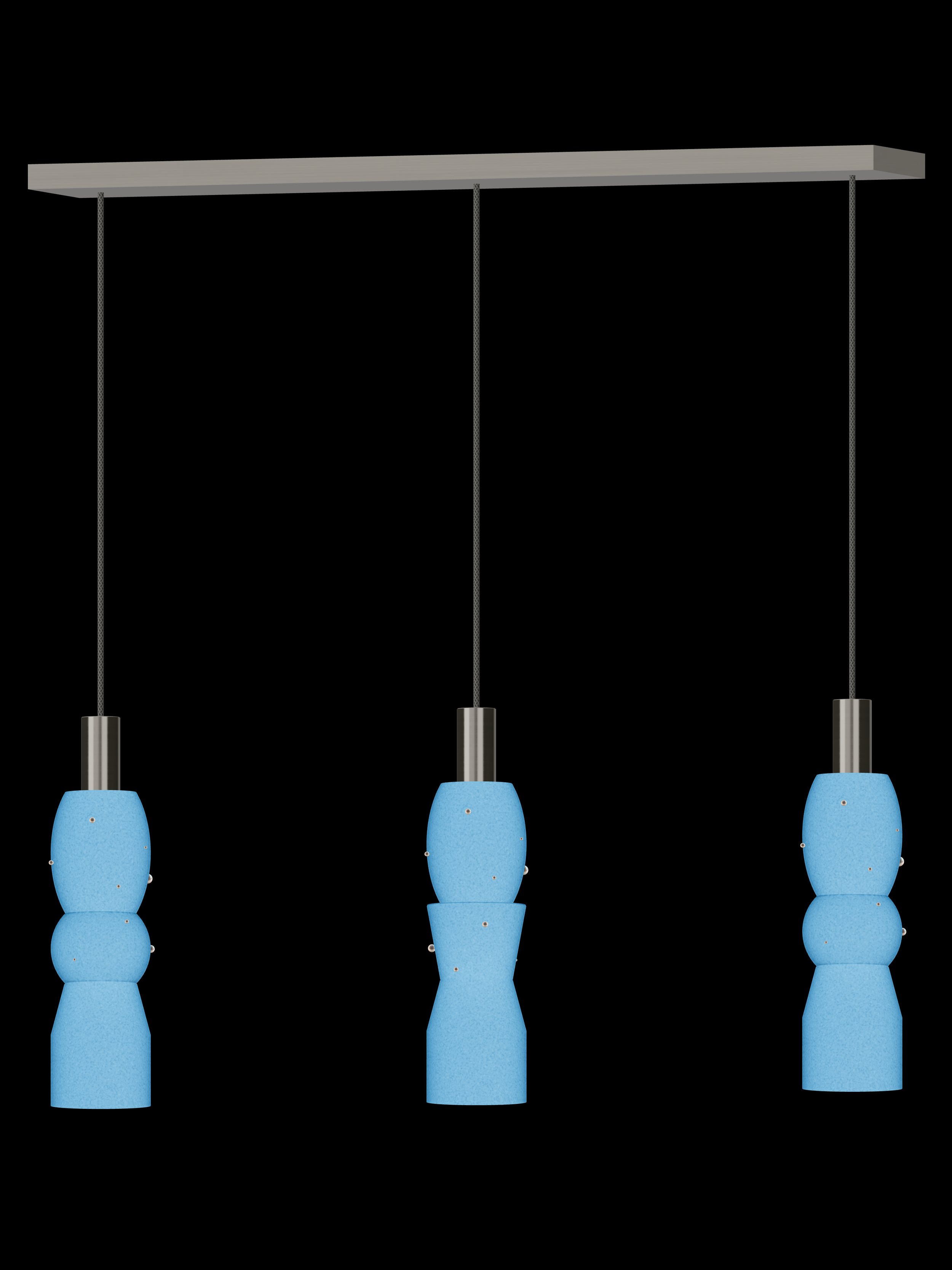 Guest Star Runway 3 three-pendant light with glowing blue shapes with pearl details and nickel hardware; hardwired version.