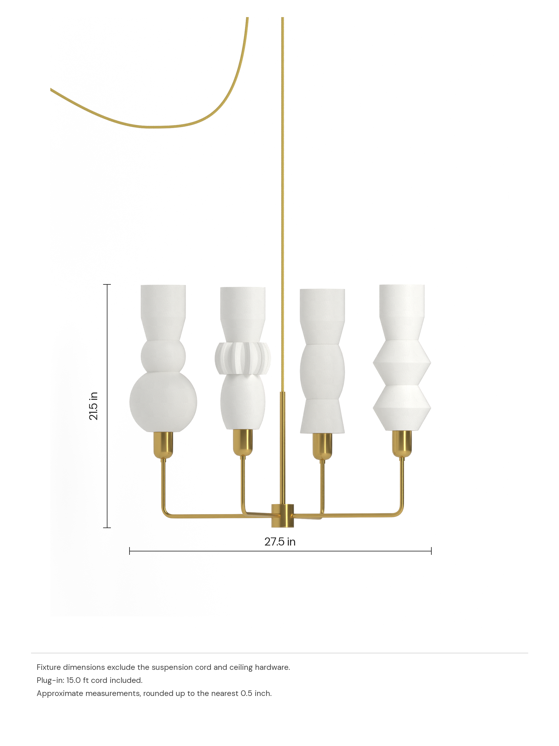 Cord Auburn in Linen with brass hardware, plug-in. Dimension drawing: 21.5 in high × 27.5 in wide, excluding flexible cords.