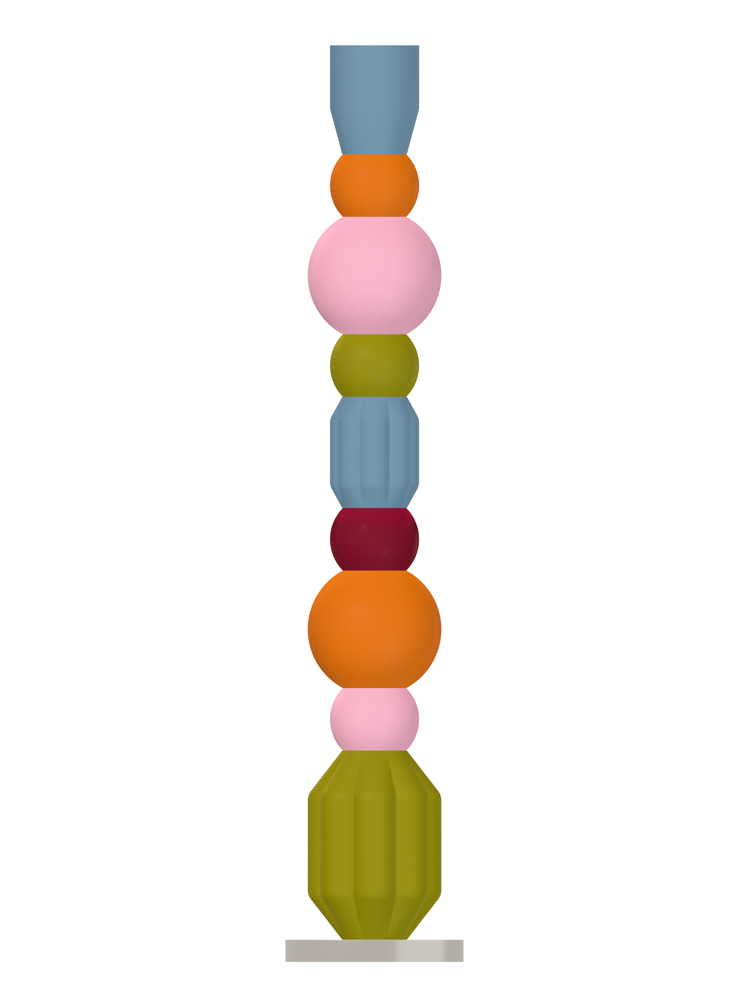 Benny Totem 39 stacked Totem lamp with multicolor shapes and nickel hardware; plug-in version, light off.