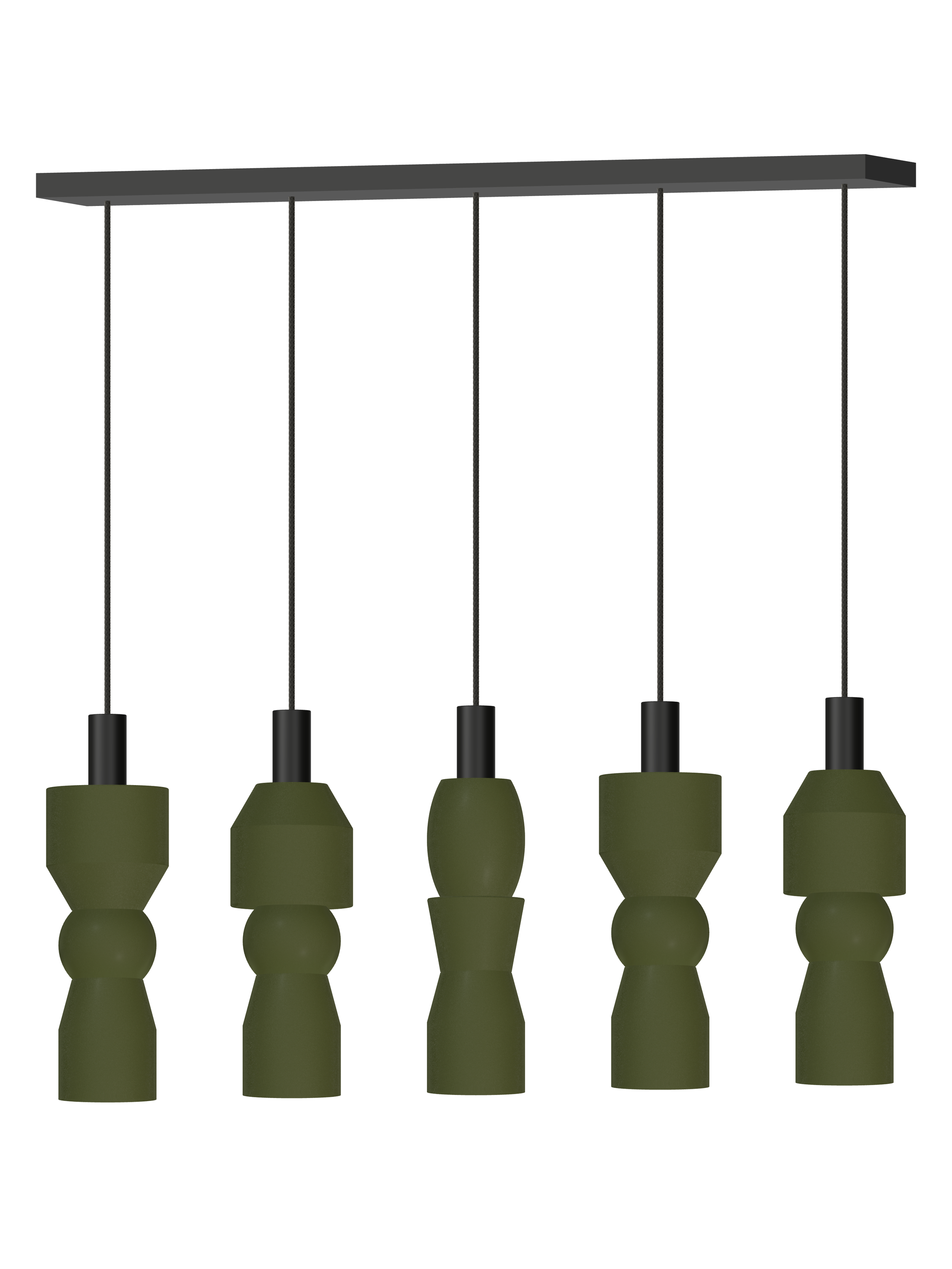 Major Runway 5 five-pendant light with dark green shapes and black hardware; hardwired version, light off.