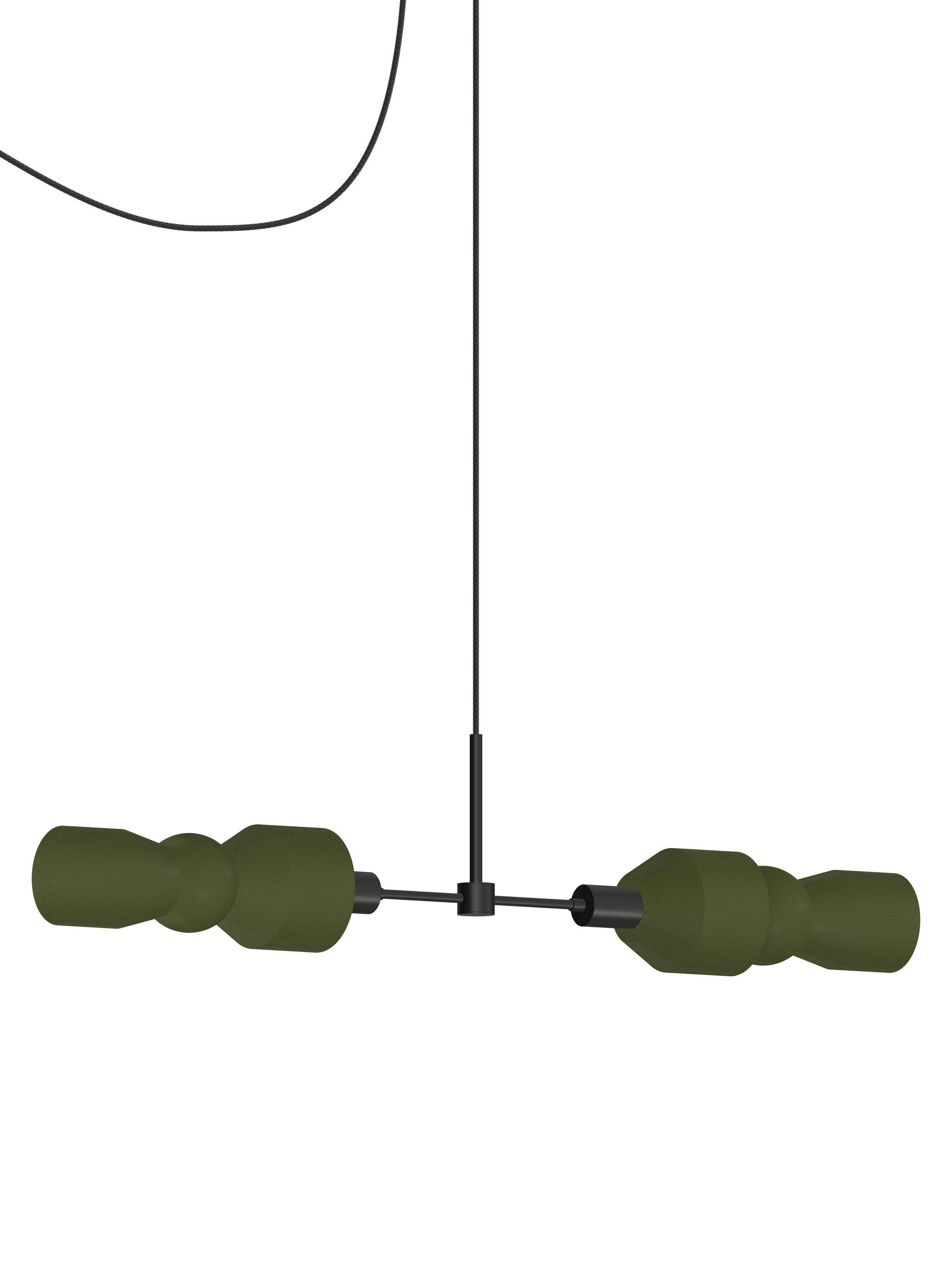 Major Eavesdropper horizontal pendant with dark green shapes and black hardware; plug-in version, light off.