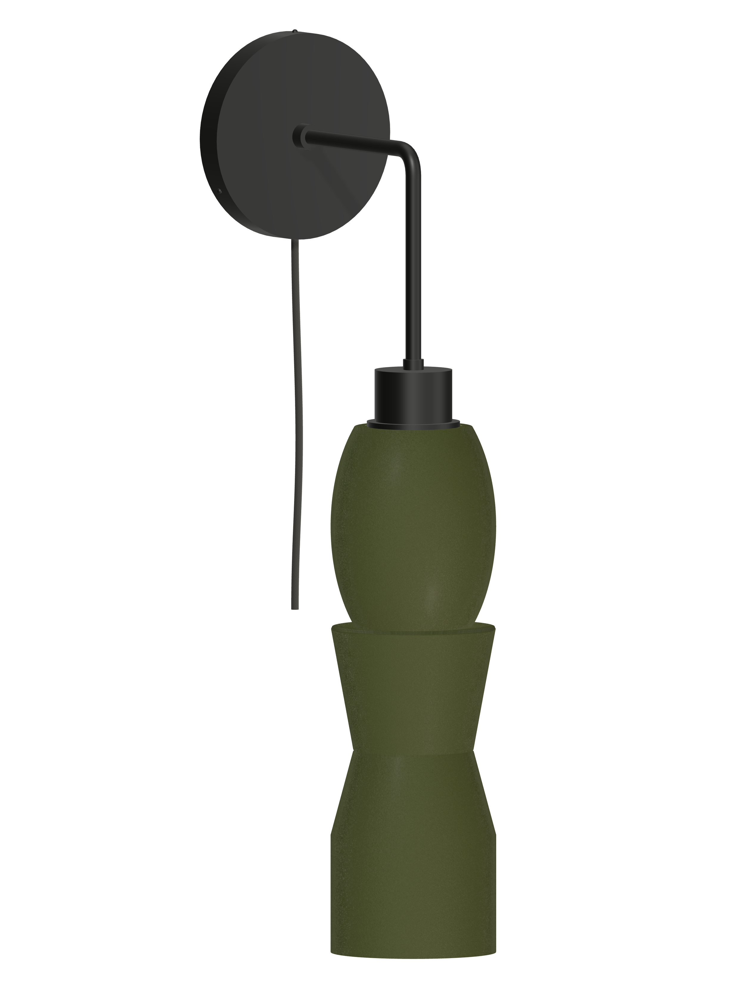 Major Drop Out wall sconce with a hanging stack with dark green shapes and black hardware; plug-in version, light off.