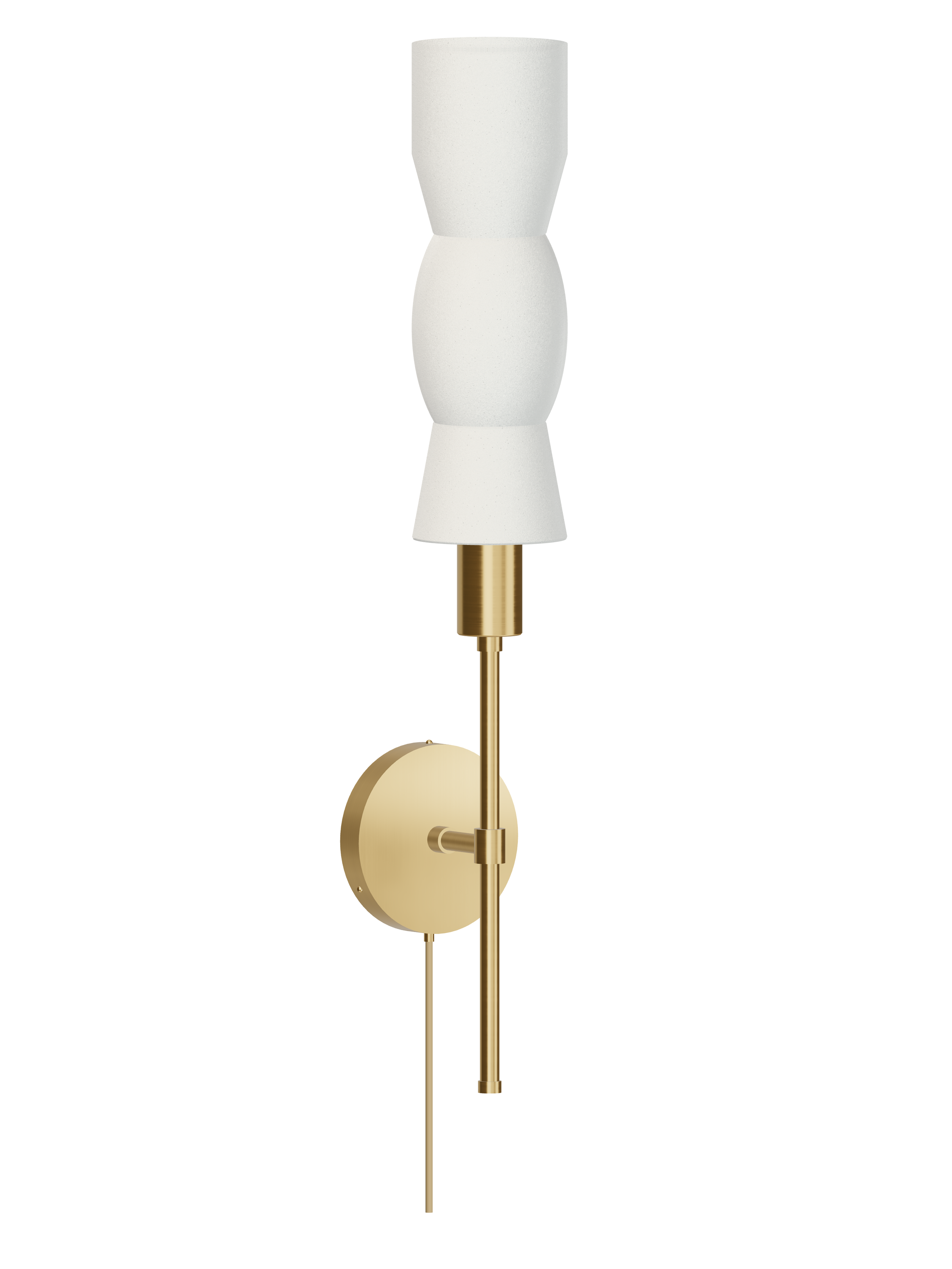 Cord Wallflower upright wall sconce with off-white shapes and brass hardware; plug-in version, light off.