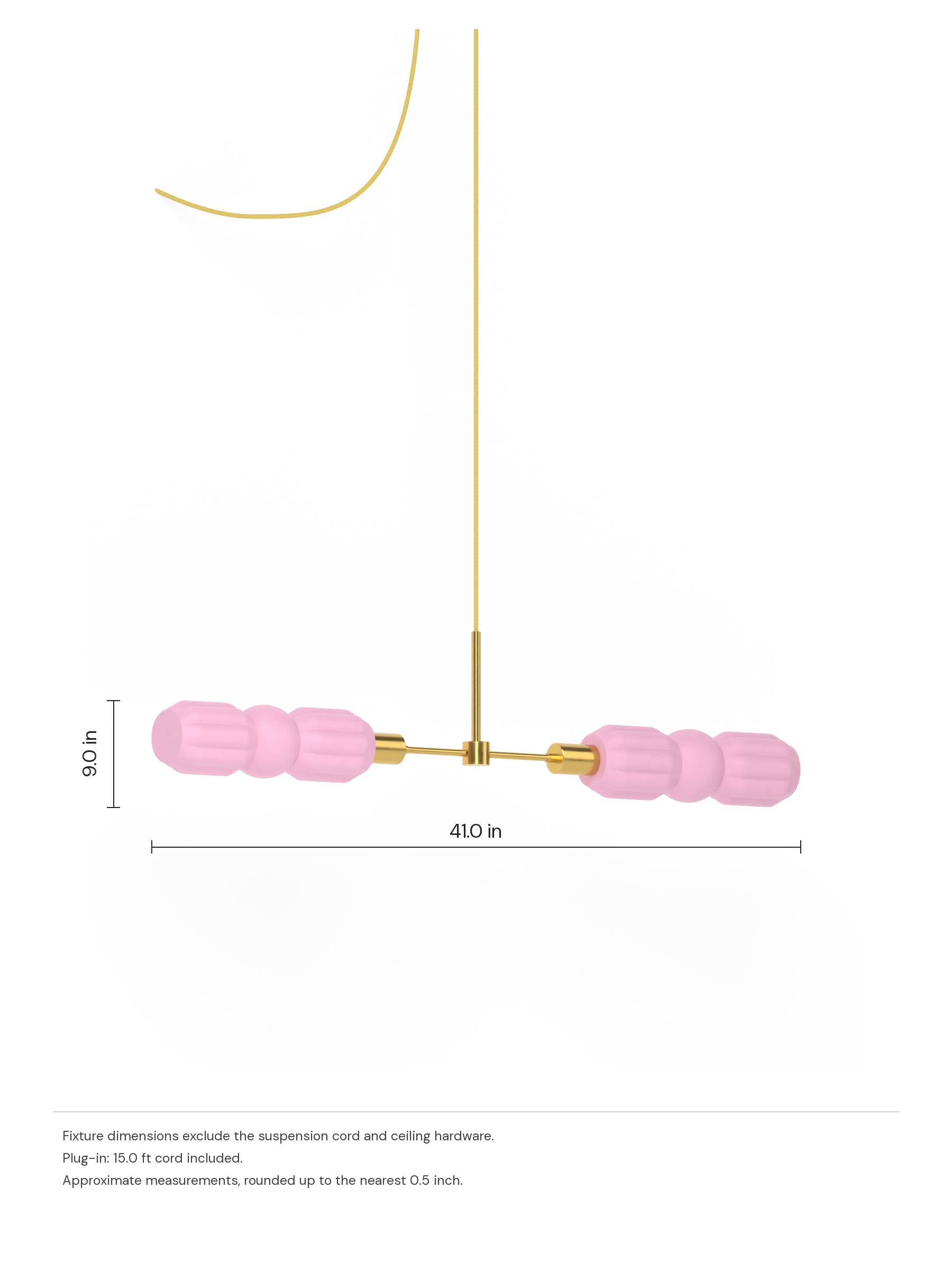 Elaine Eavesdropper in Sakura Pink with brass hardware, plug-in. Dimension drawing: 9.0 in high × 41.0 in wide, excluding flexible cords.
