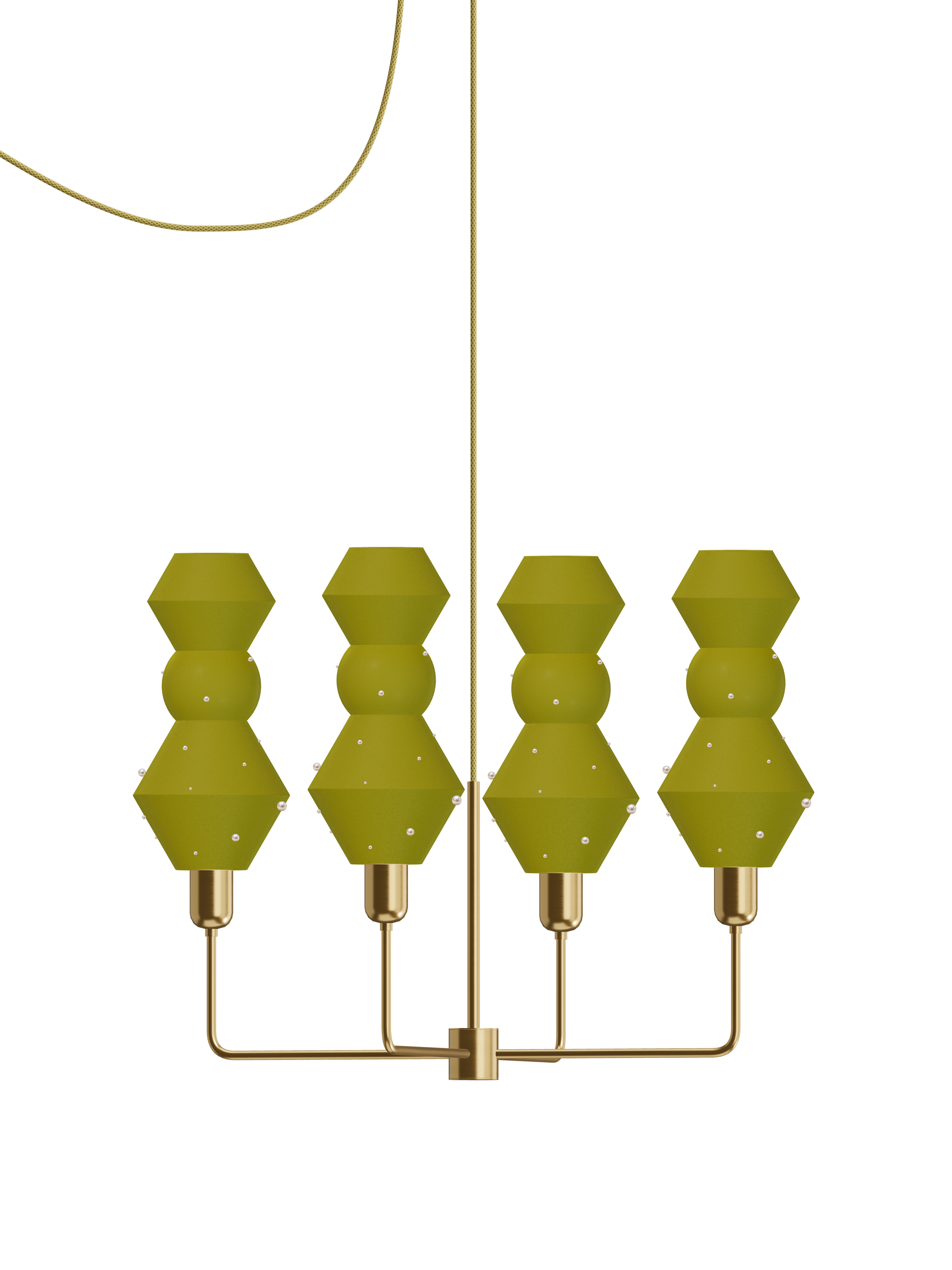 Viv Auburn four-arm chandelier with yellow-green shapes with pearl details and brass hardware; plug-in version, light off.