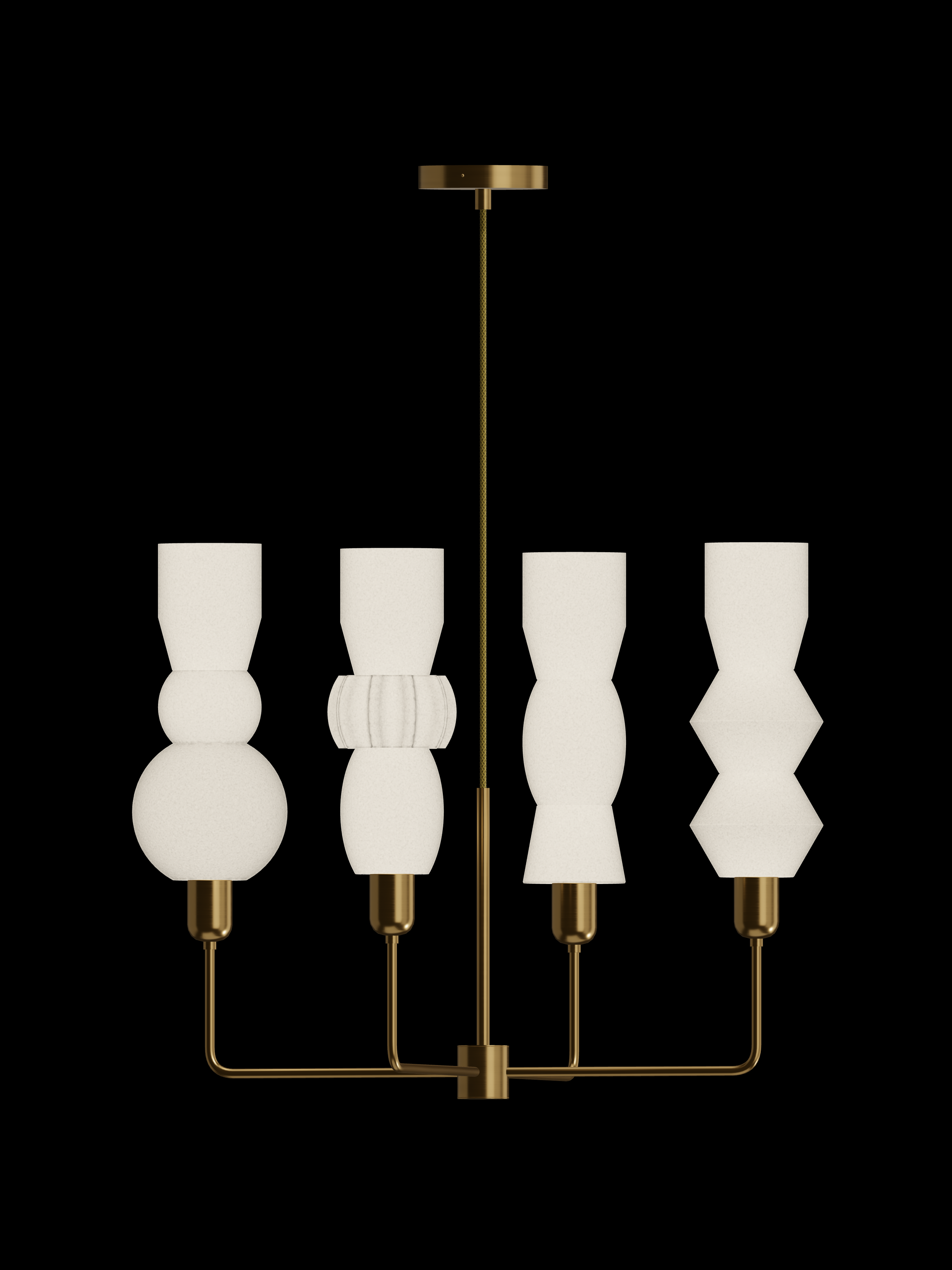 Cord Auburn four-arm chandelier with shapes glowing warm white and brass hardware; hardwired version.