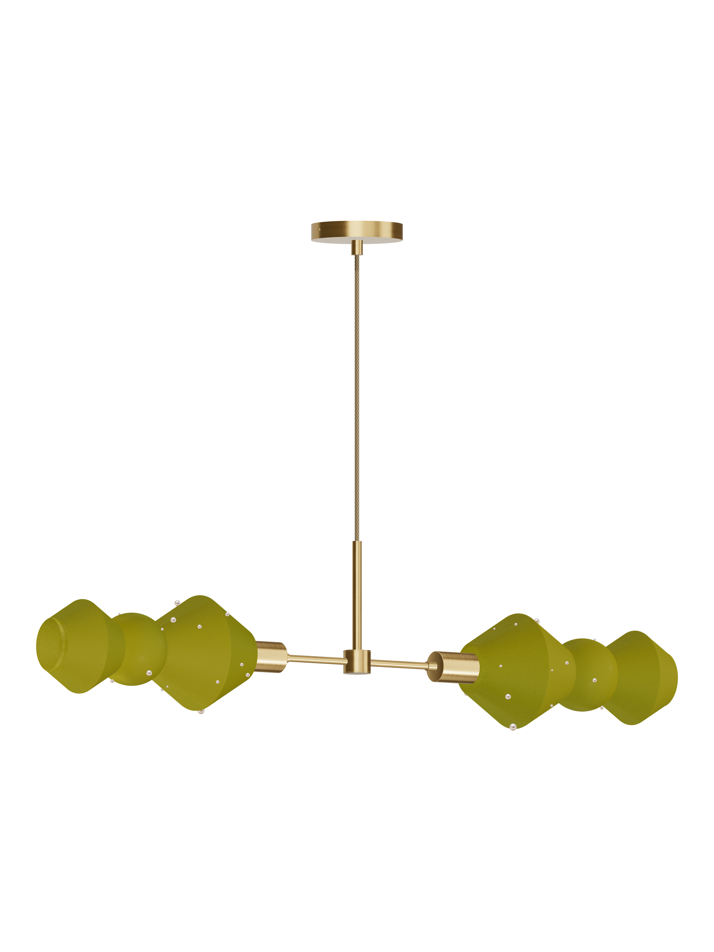 Viv Eavesdropper horizontal pendant with yellow-green shapes with pearl details and brass hardware; hardwired version, light off.