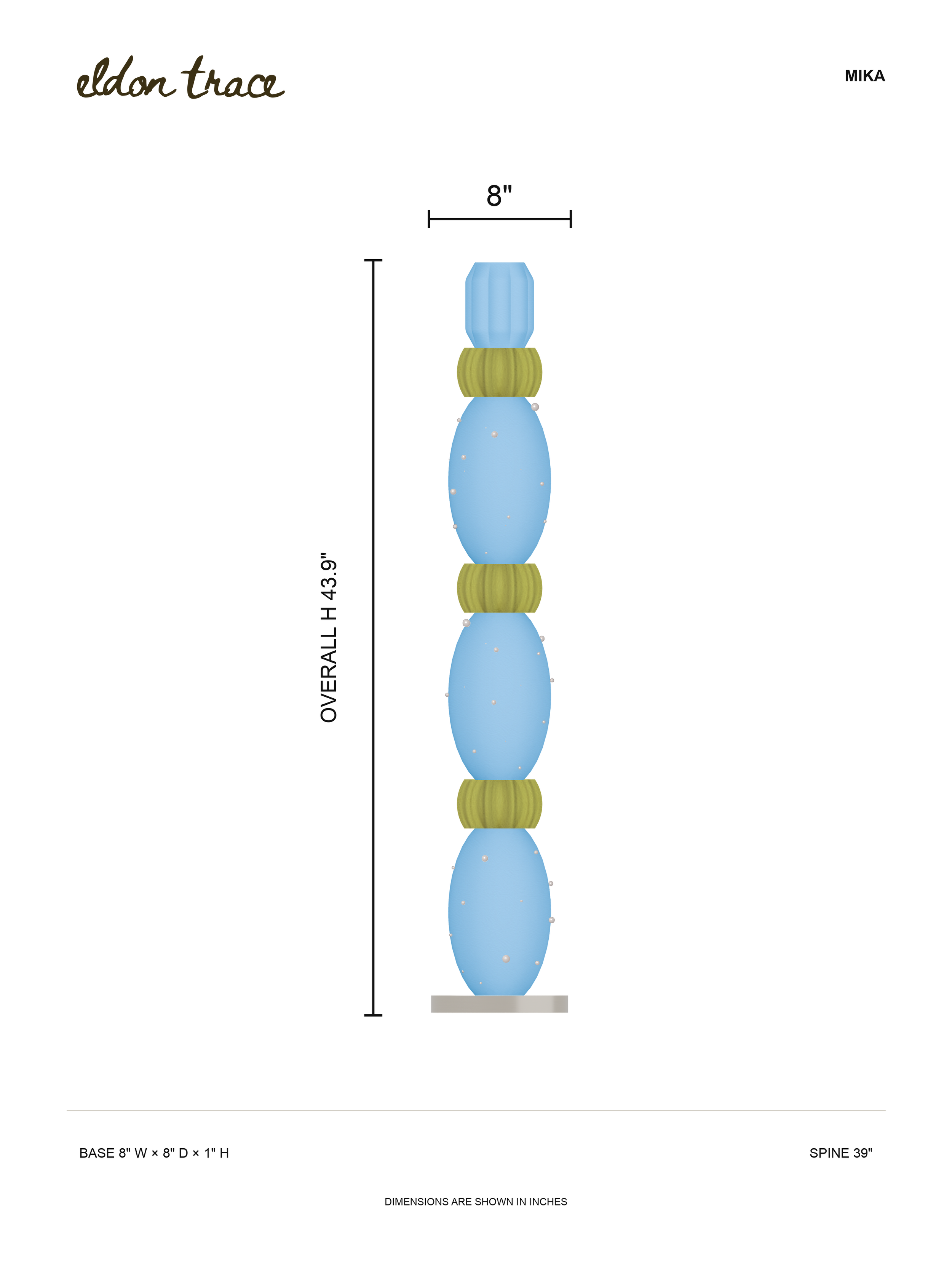 MIKA dimension drawing showing the stacked Totem lamp, overall height, base width and spine length.