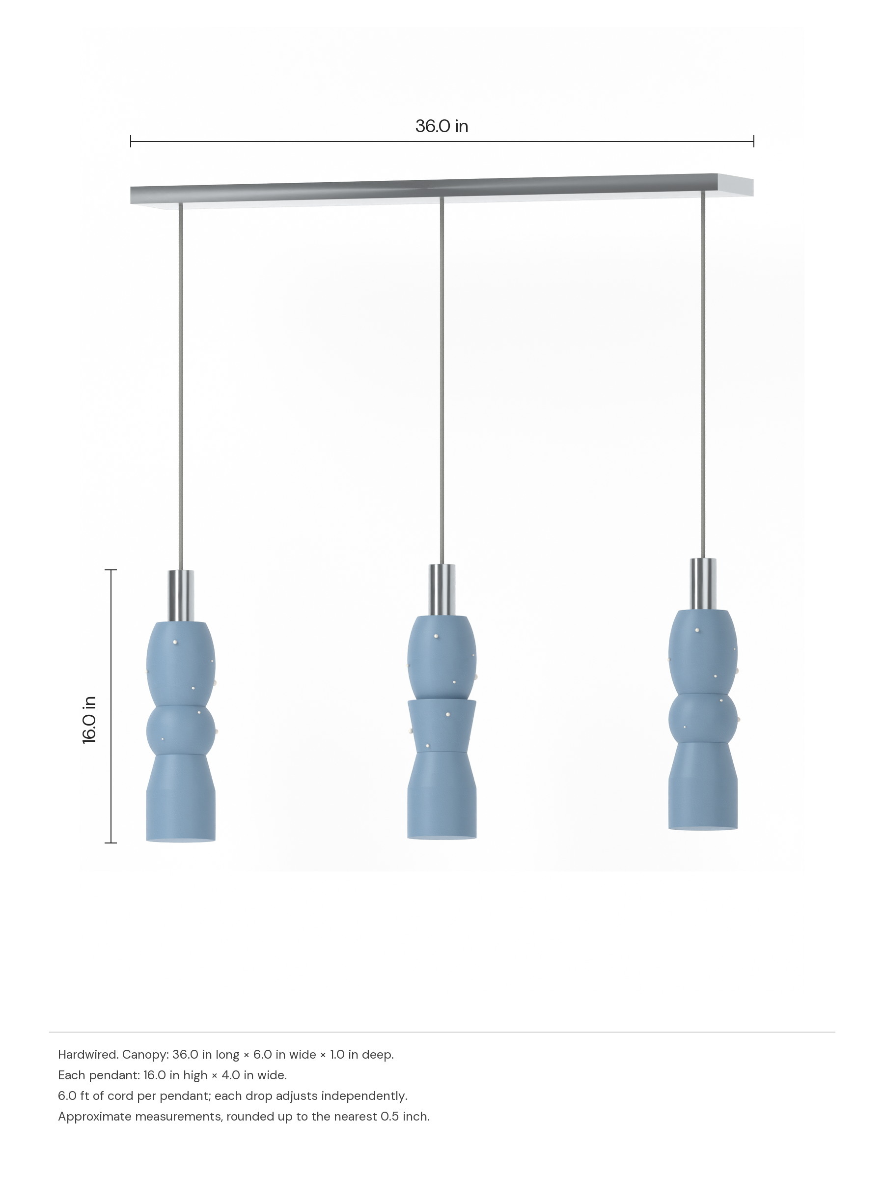Guest Star Runway 3 in Twill with Pearl details with nickel hardware, hardwired. Dimension drawing: 36.0 in canopy, 16.0 in pendant height.