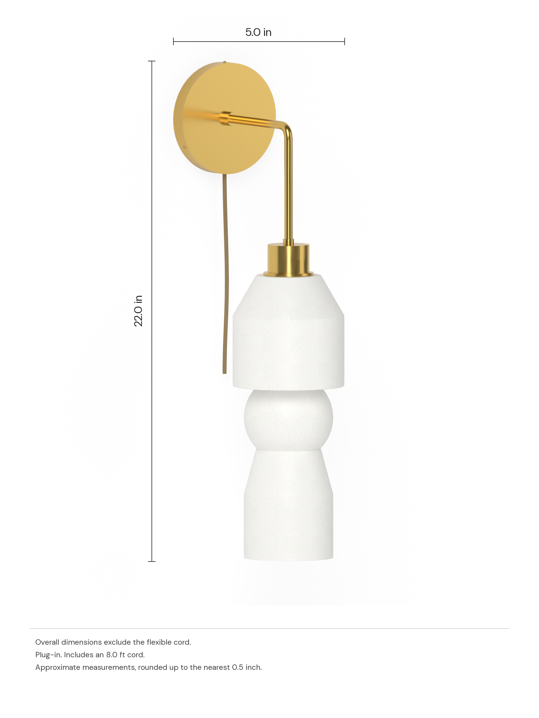 Cord Drop Out in Linen with brass hardware, plug-in. Dimension drawing: 22.0 in high × 5.0 in wide, excluding flexible cords.