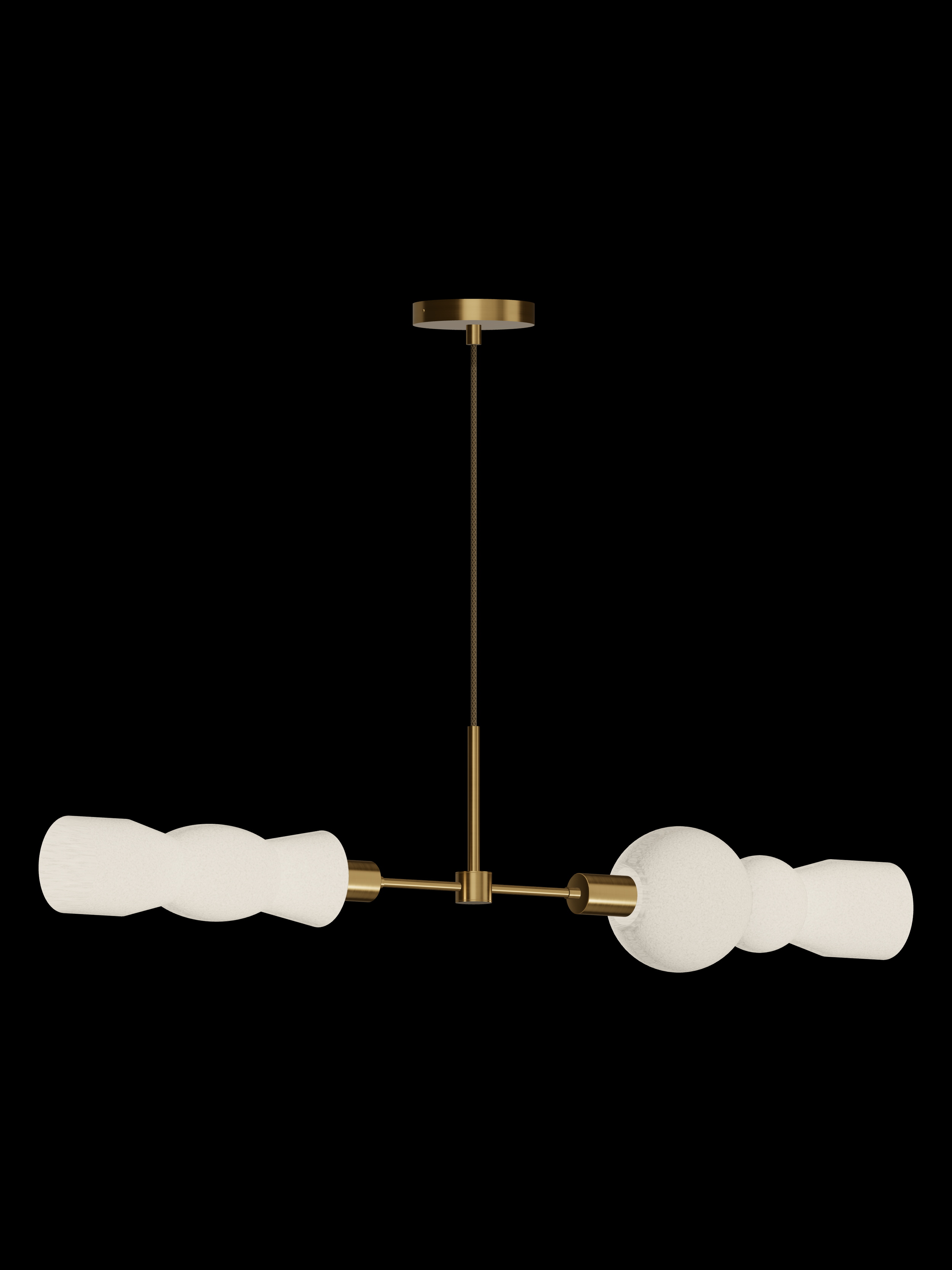 Cord Eavesdropper horizontal pendant with shapes glowing warm white and brass hardware; hardwired version.