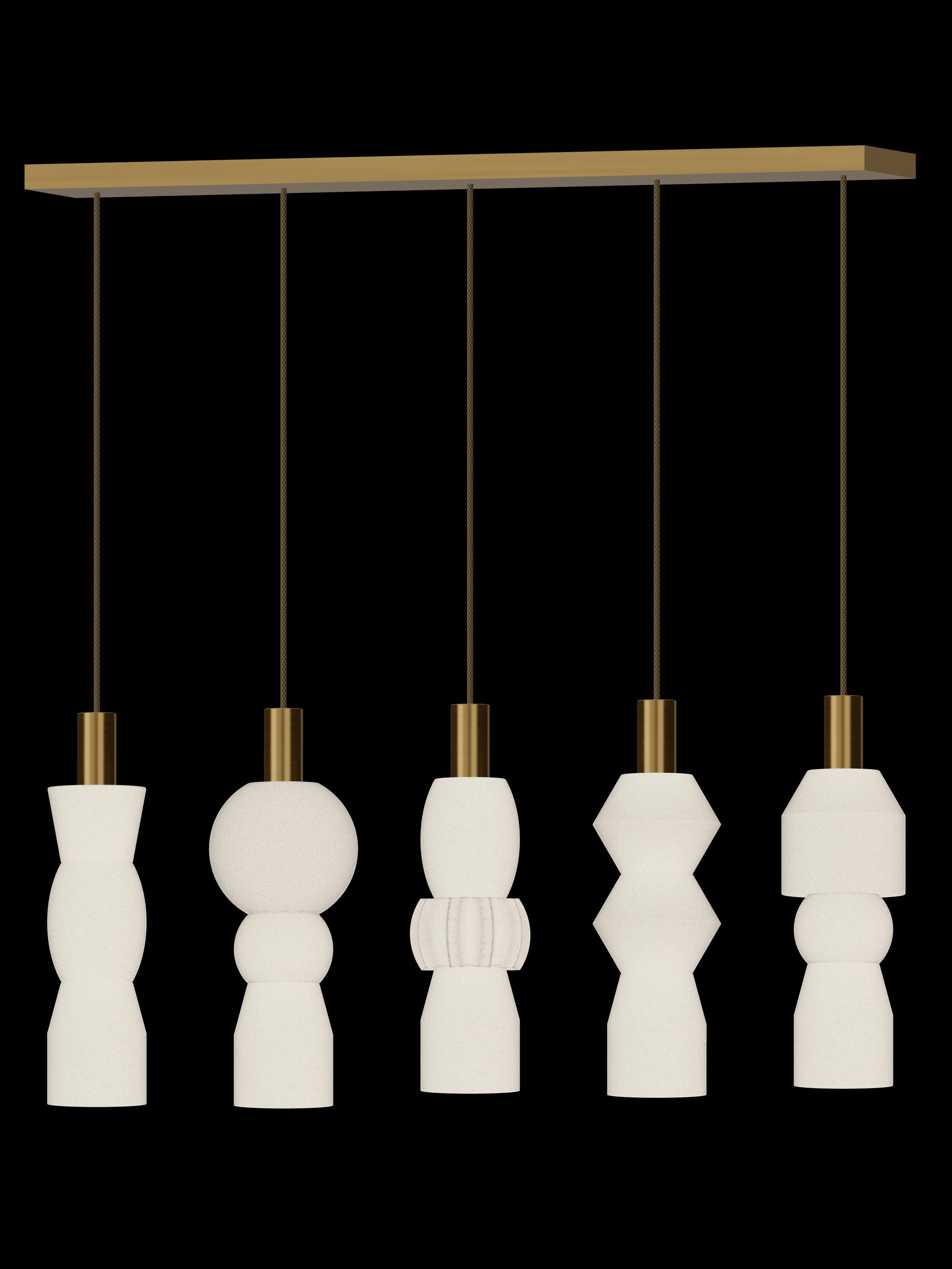 Cord Runway 5 five-pendant light with shapes glowing warm white and brass hardware; hardwired version.