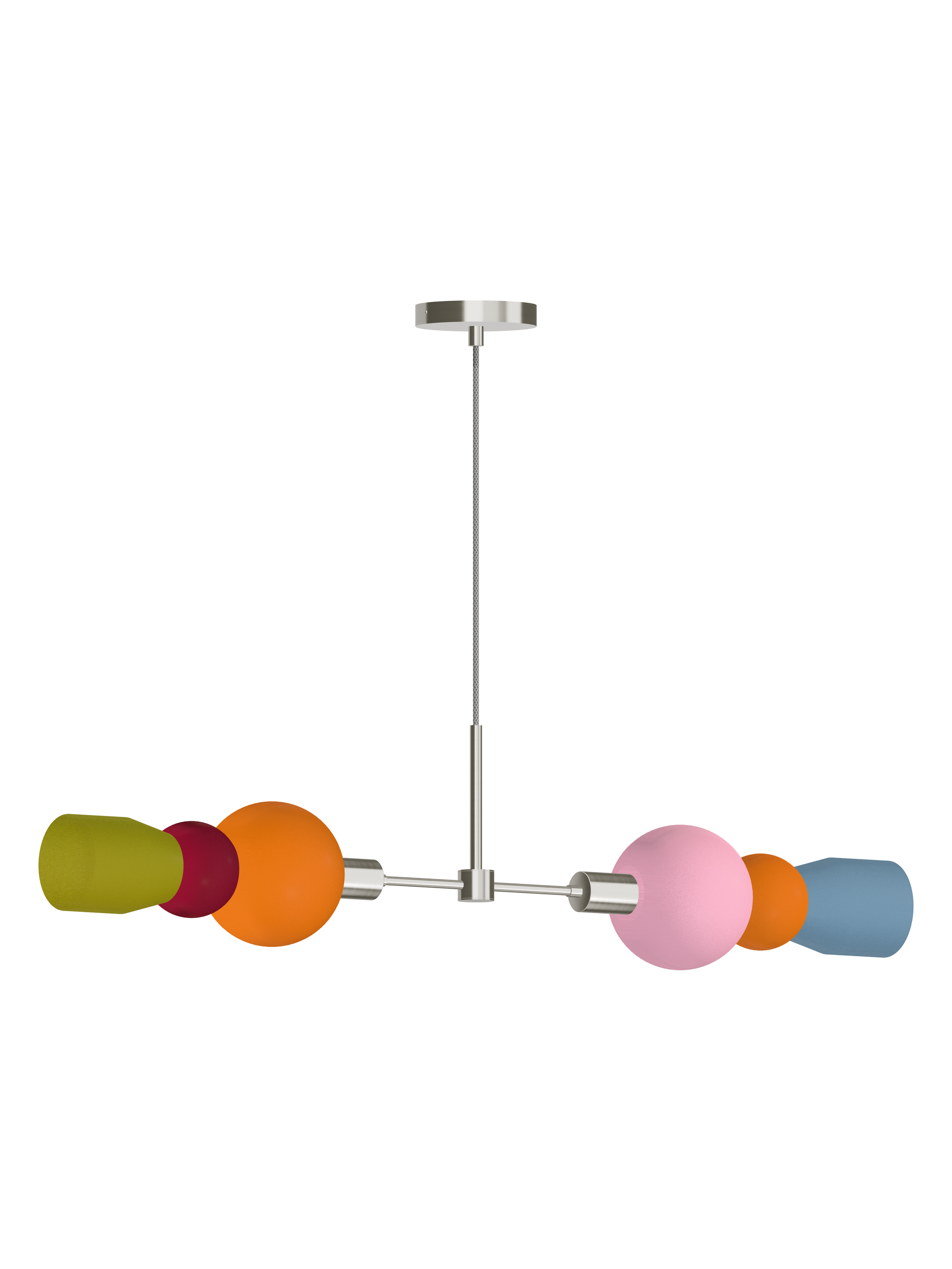 Benny Eavesdropper horizontal pendant with multicolor shapes and nickel hardware; hardwired version, light off.