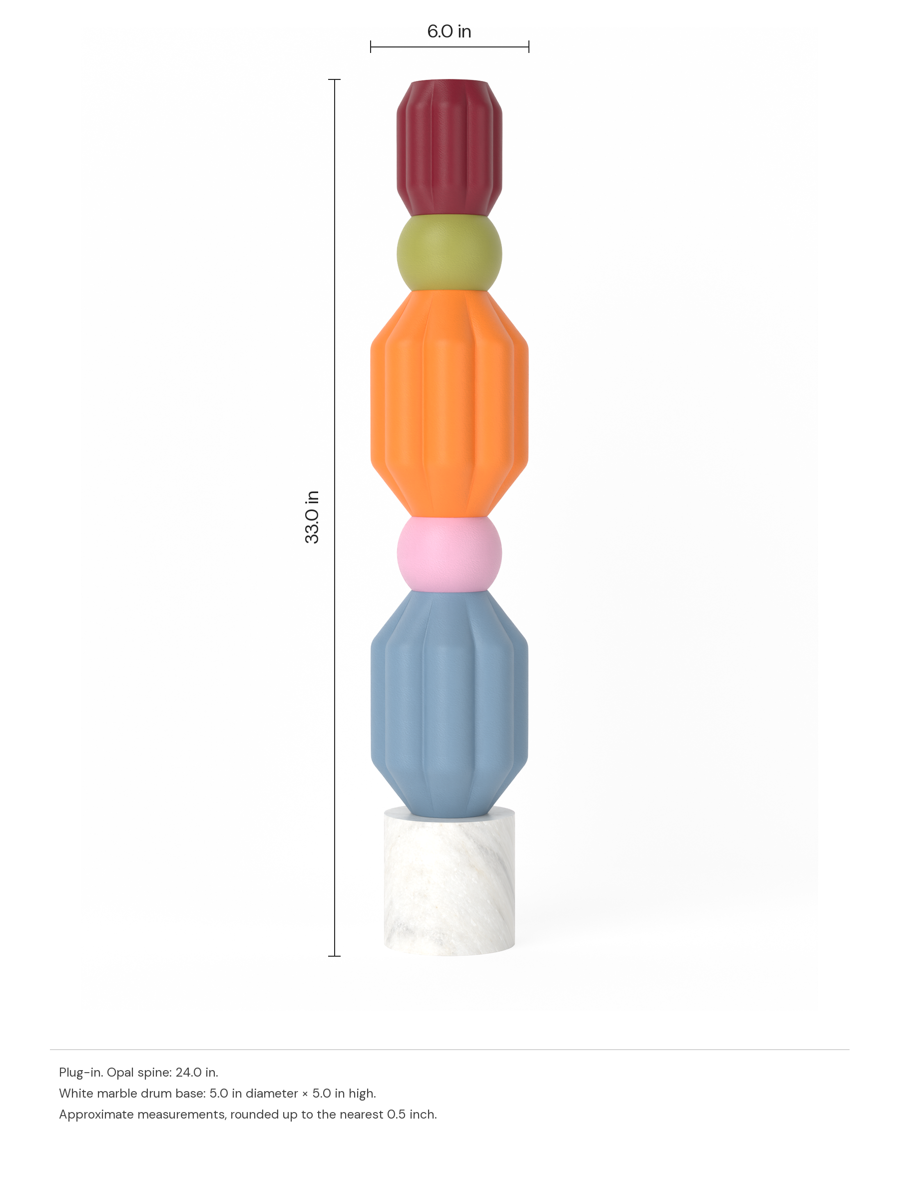Mini Cinched in Twill, Sakura Pink, Orange, Monk and Cordovan on a white marble drum base, plug-in. Dimension drawing: 33.0 in high × 6.0 in wide, excluding flexible cords.