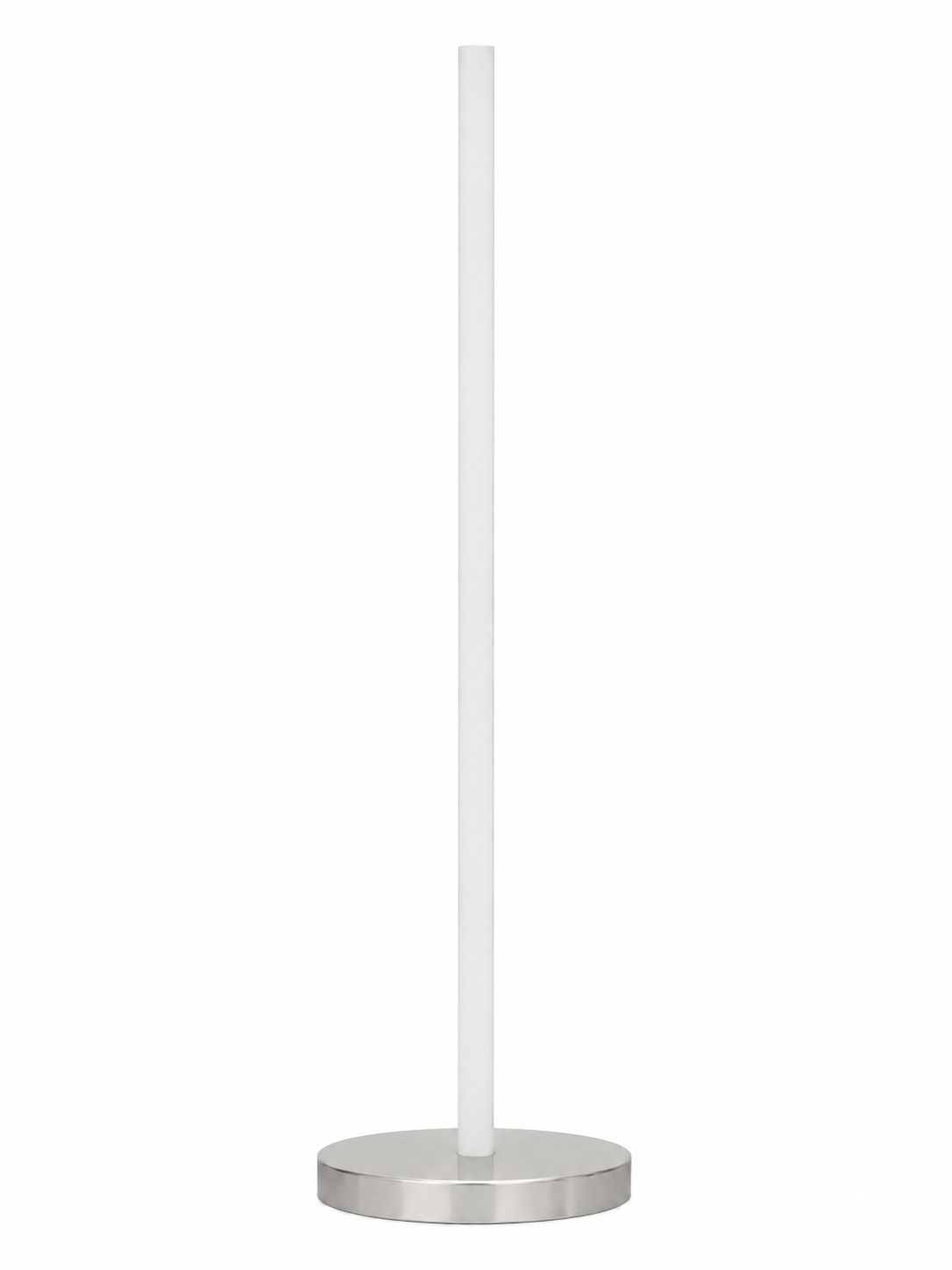 Eldon Trace Column lamp in nickel, a warm white lit column on a round polished nickel disc base.