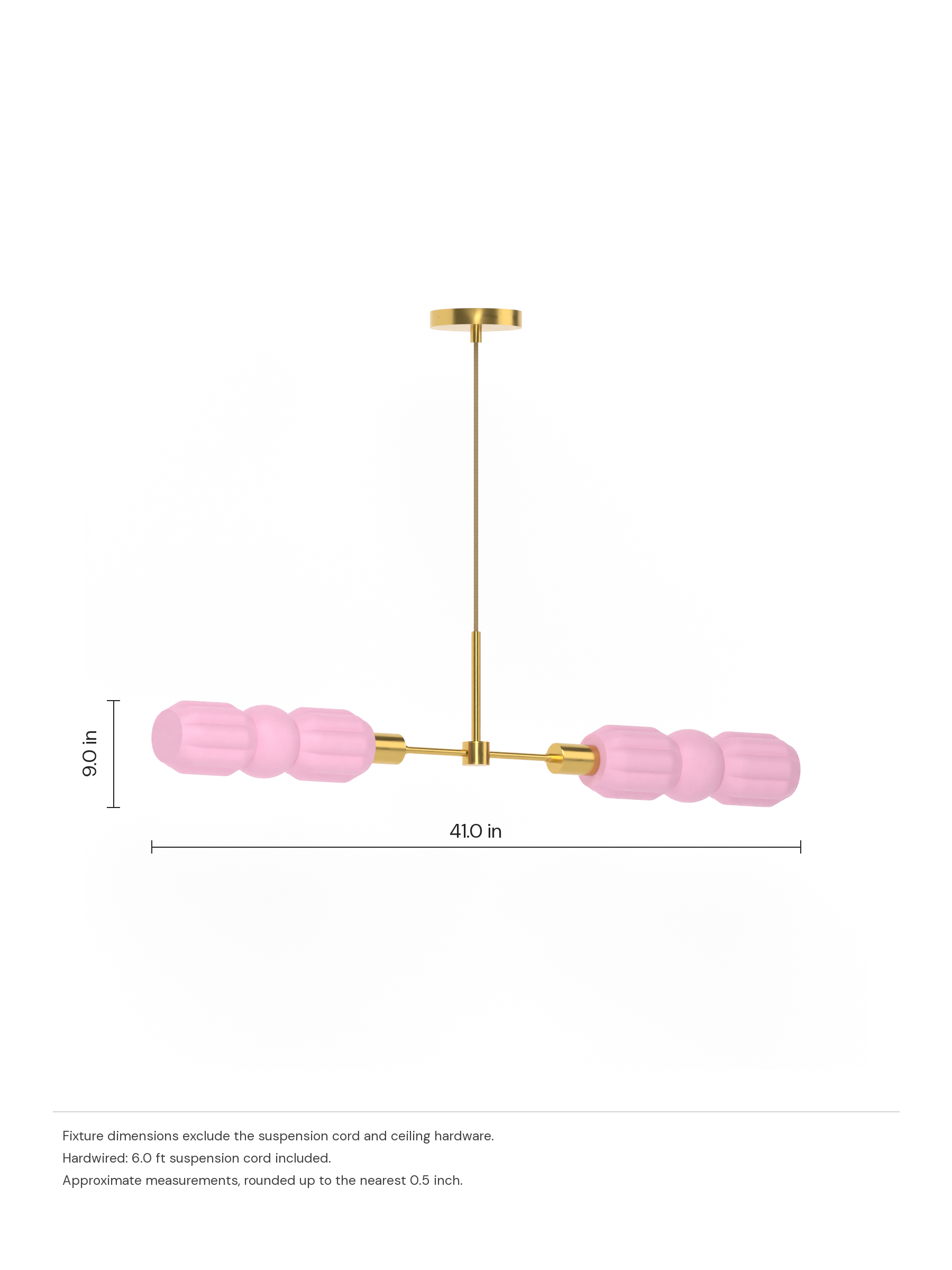 Elaine Eavesdropper in Sakura Pink with brass hardware, hardwired. Dimension drawing: 9.0 in high × 41.0 in wide, excluding flexible cords.