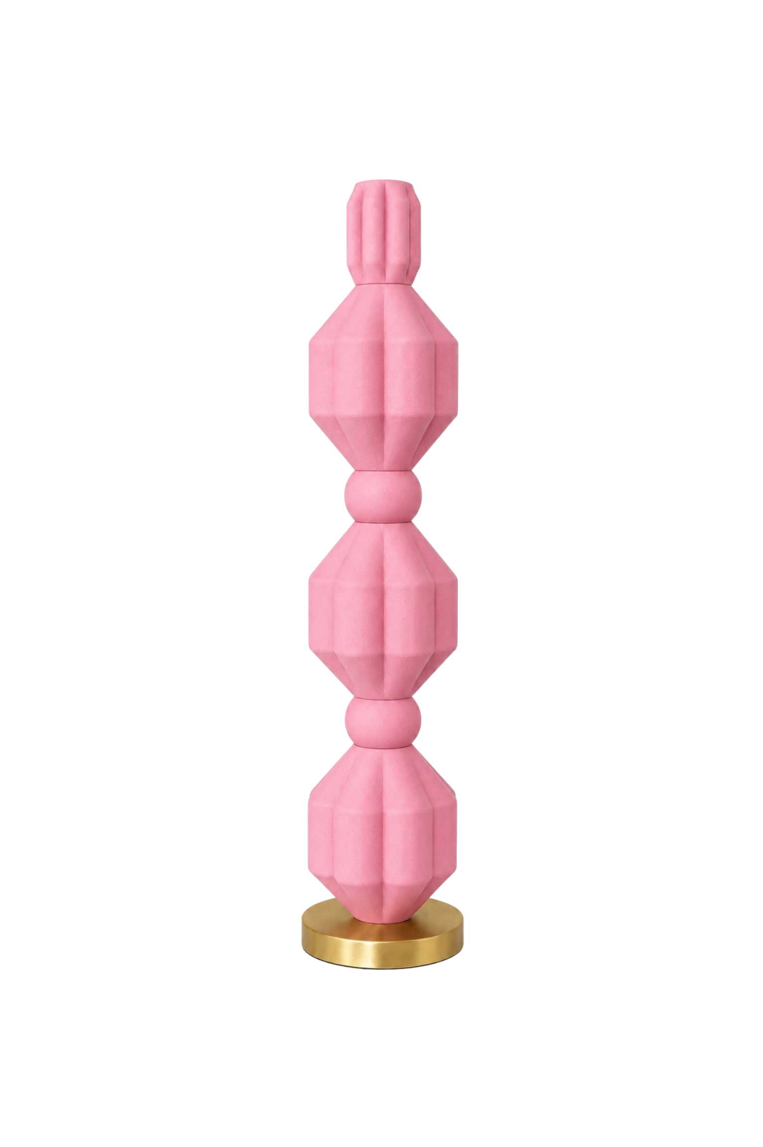 Eldon Trace Elaine lamp in pink, a warm pink lit column on a round brass base.