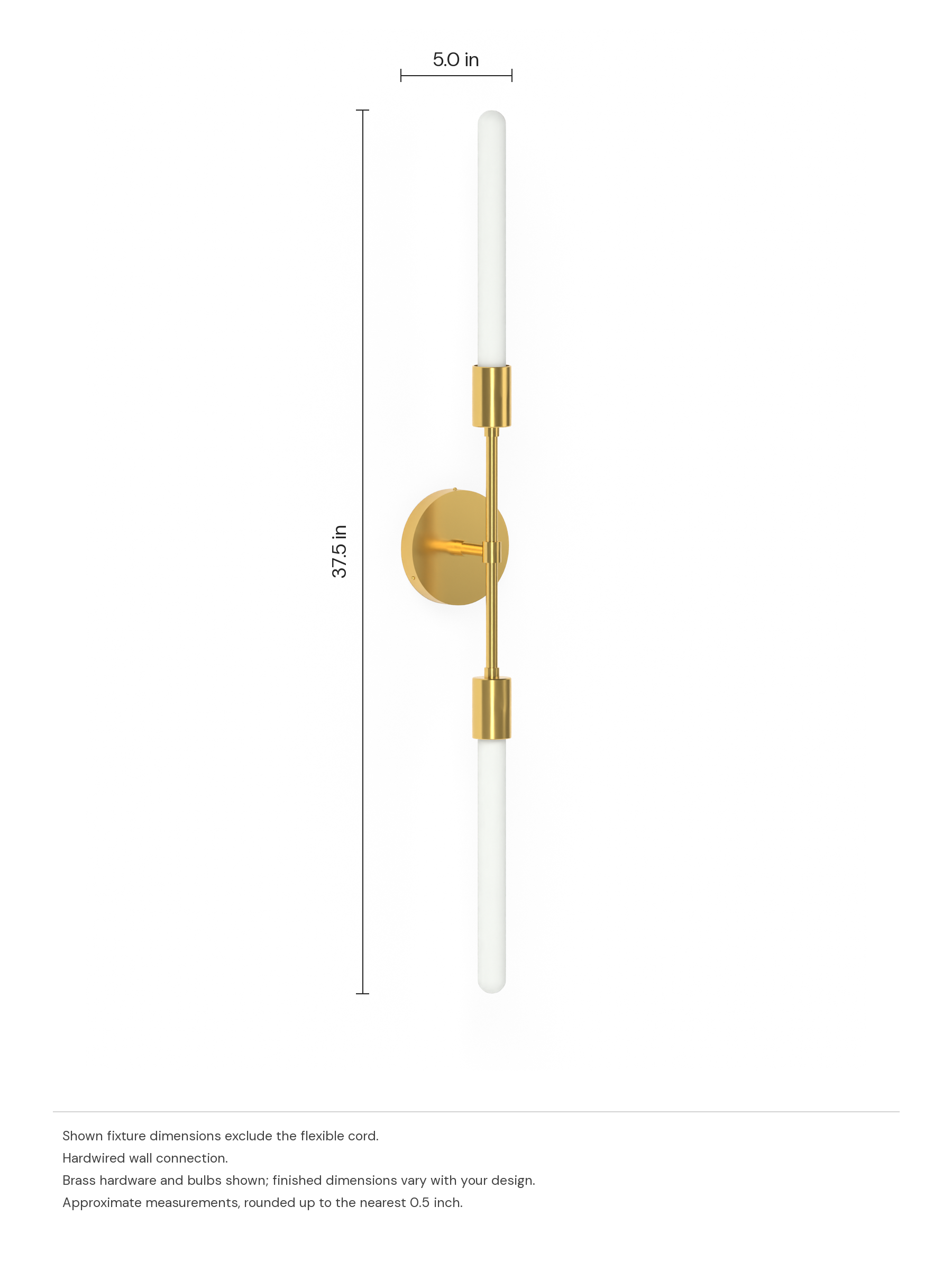 Custom Plus One with brass hardware and opal bulbs, before adding custom shapes, hardwired. Dimension drawing: 37.5 in high × 5.0 in wide, excluding flexible cords.
