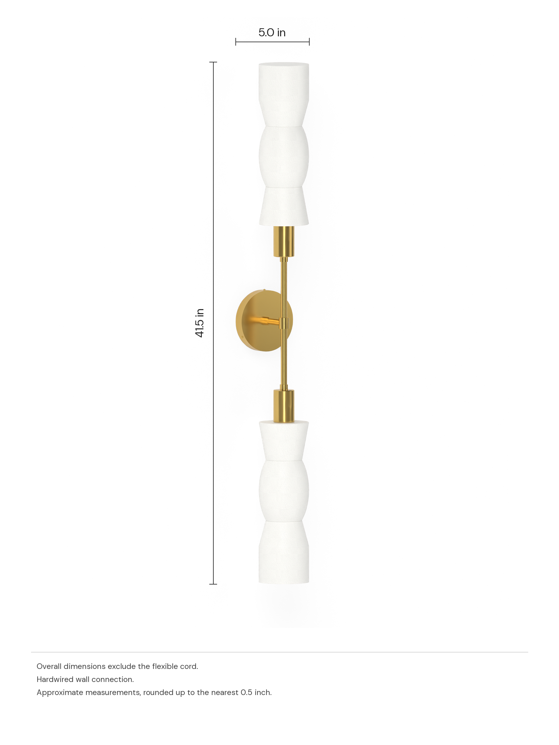 Cord Plus One in Linen with brass hardware, hardwired. Dimension drawing: 41.5 in high × 5.0 in wide, excluding flexible cords.