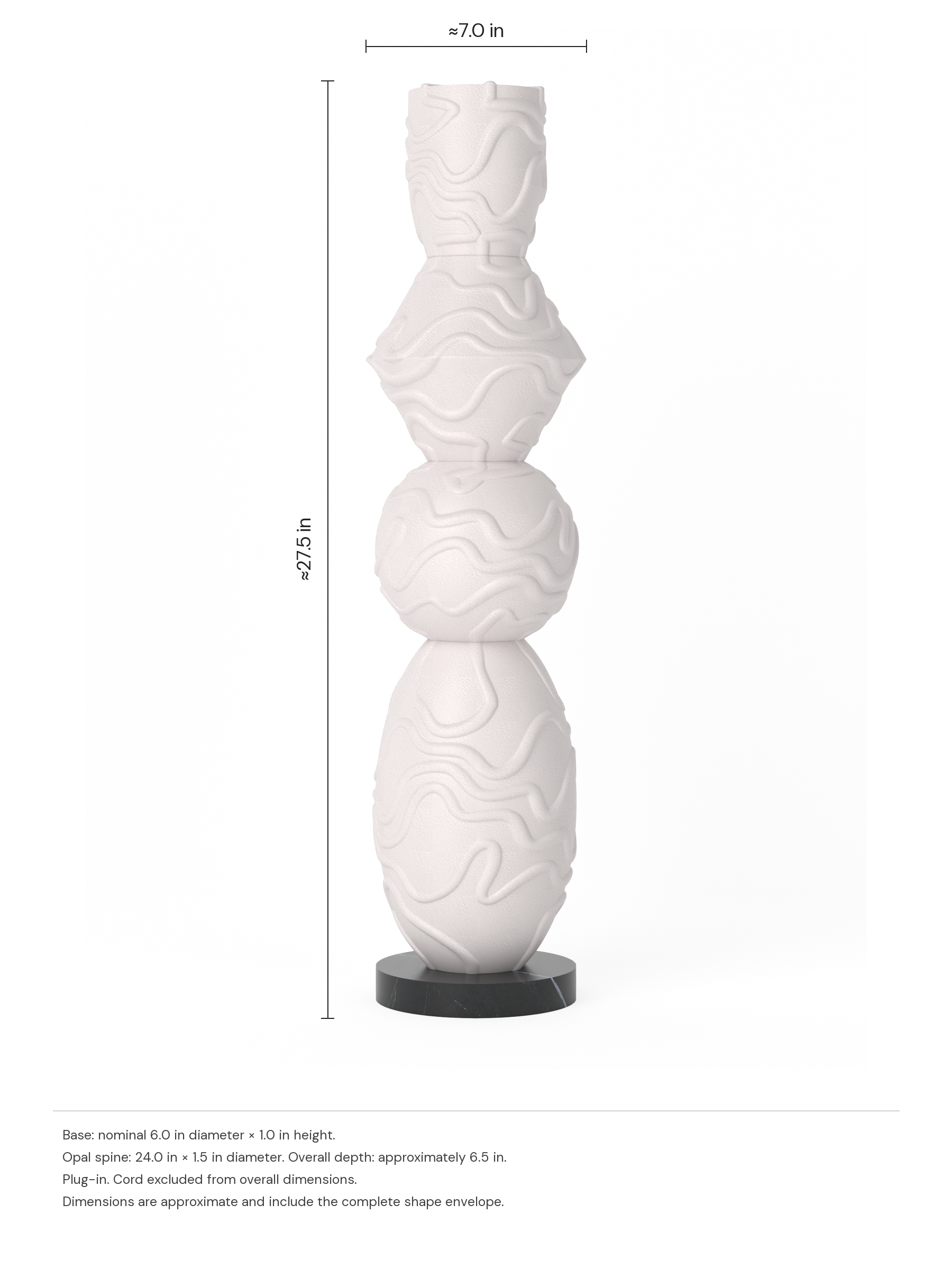Carried Away Undertow Totem in Canvas on a naturally veined black marble disc base, plug-in. Approximate dimensions: 27.5 in high and 7.0 in wide, rounded up to the nearest half inch.