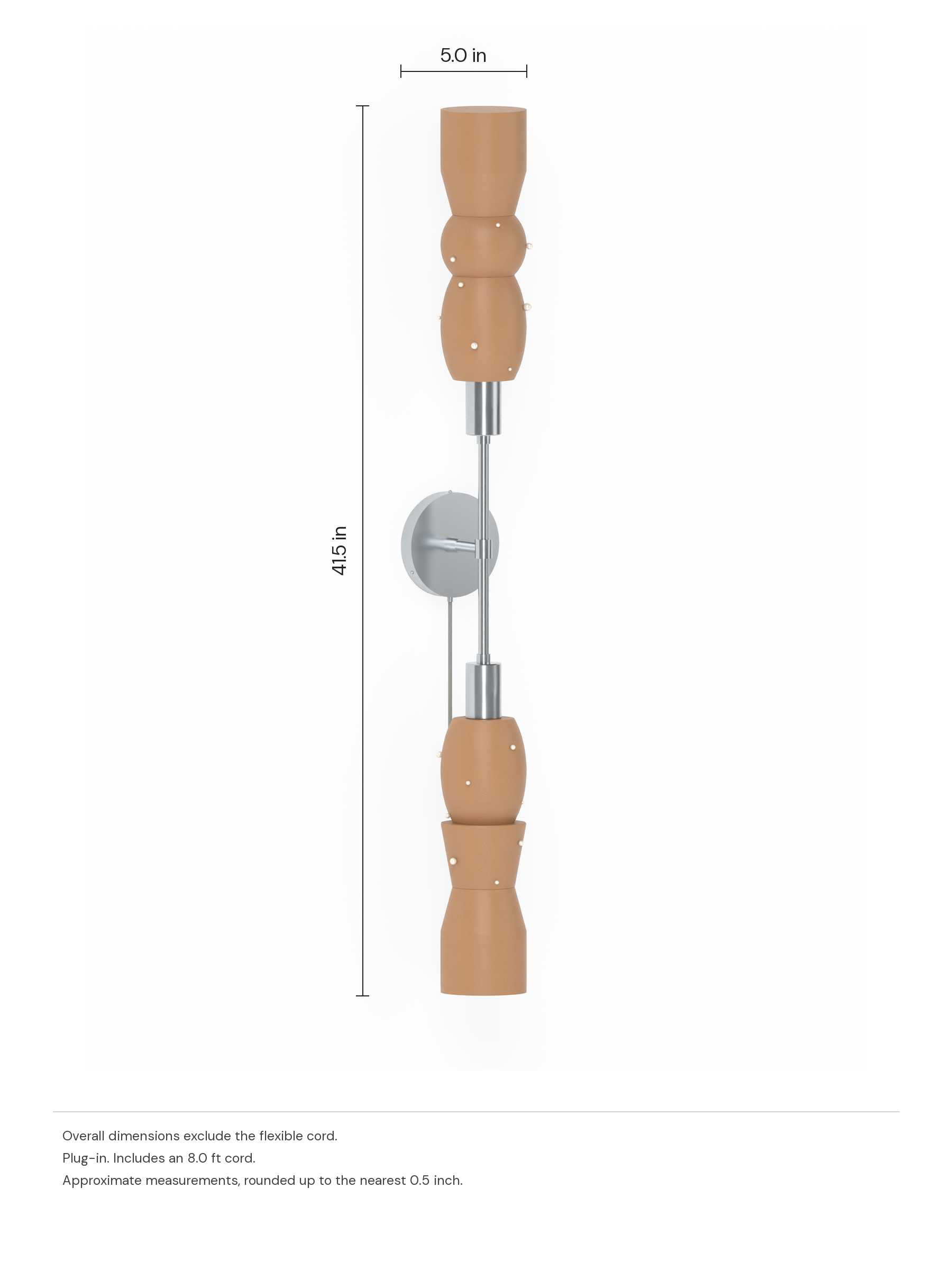 Scar Plus One in Frosted Brown with Pearl details with nickel hardware, plug-in. Dimension drawing: 41.5 in high × 5.0 in wide, excluding flexible cords.