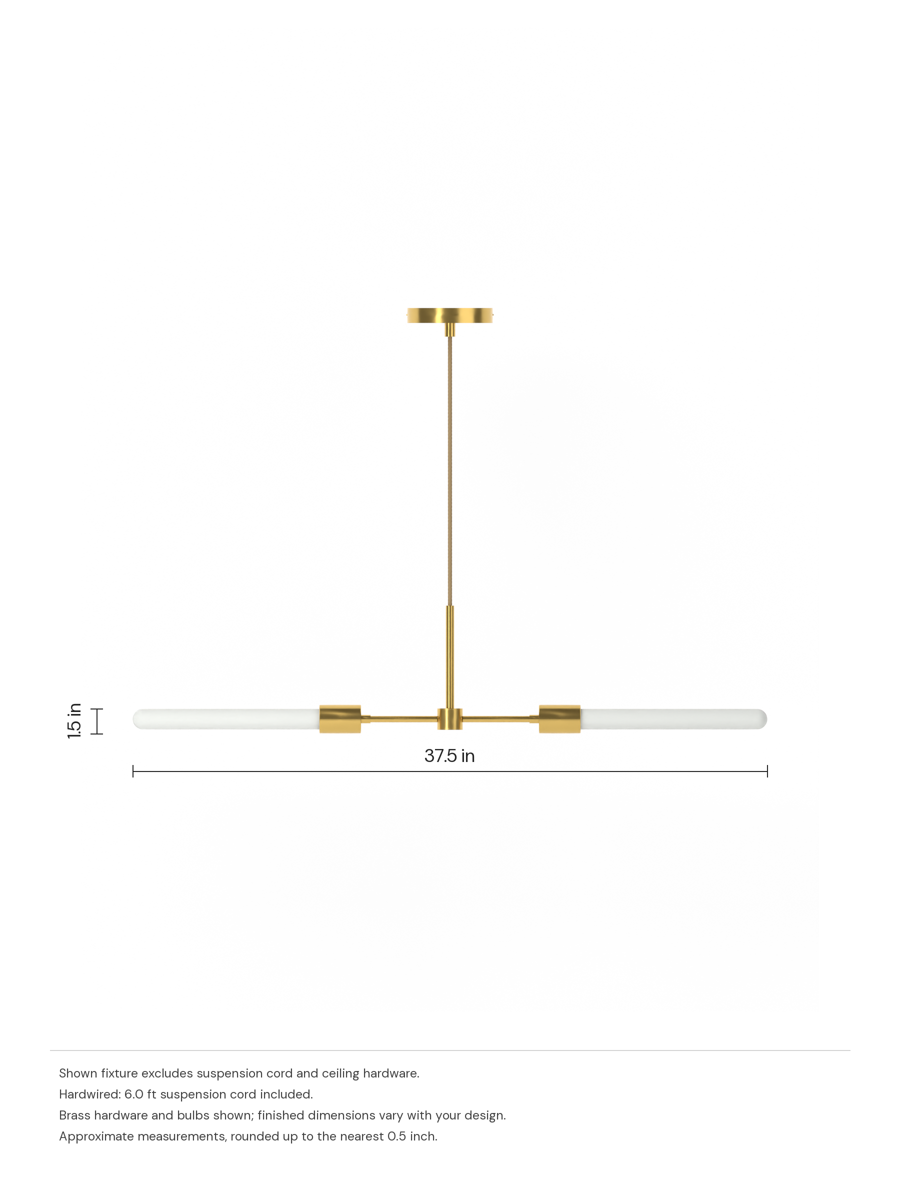Custom Eavesdropper with brass hardware and opal bulbs, before adding custom shapes, hardwired. Dimension drawing: 1.5 in high × 37.5 in wide, excluding flexible cords.