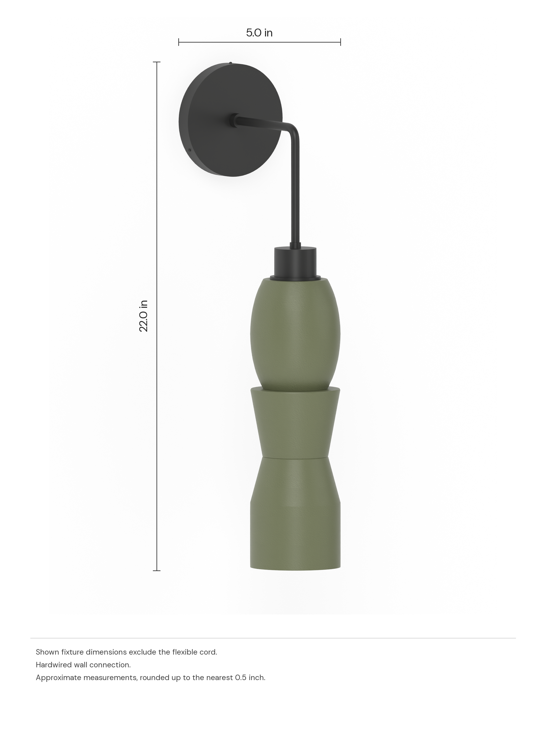 Major Drop Out in Dark Green with black hardware, hardwired. Dimension drawing: 22.0 in high × 5.0 in wide, excluding flexible cords.