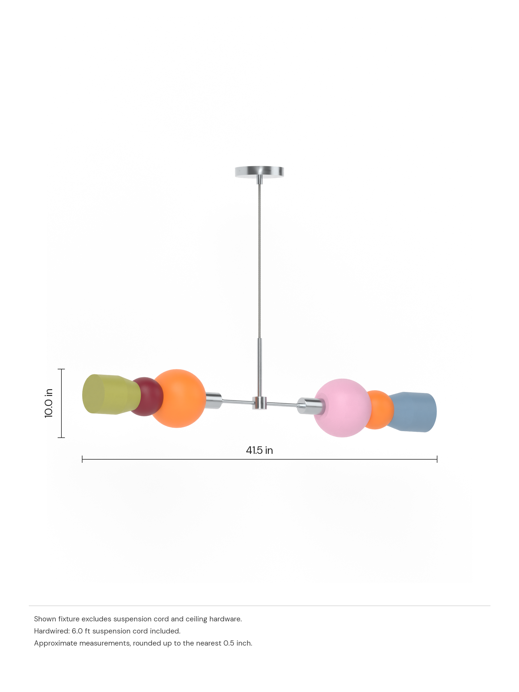 Benny Eavesdropper in Orange, Cordovan, French Monk, Sakura Pink, Twill with nickel hardware, hardwired. Dimension drawing: 10.0 in high × 41.5 in wide, excluding flexible cords.