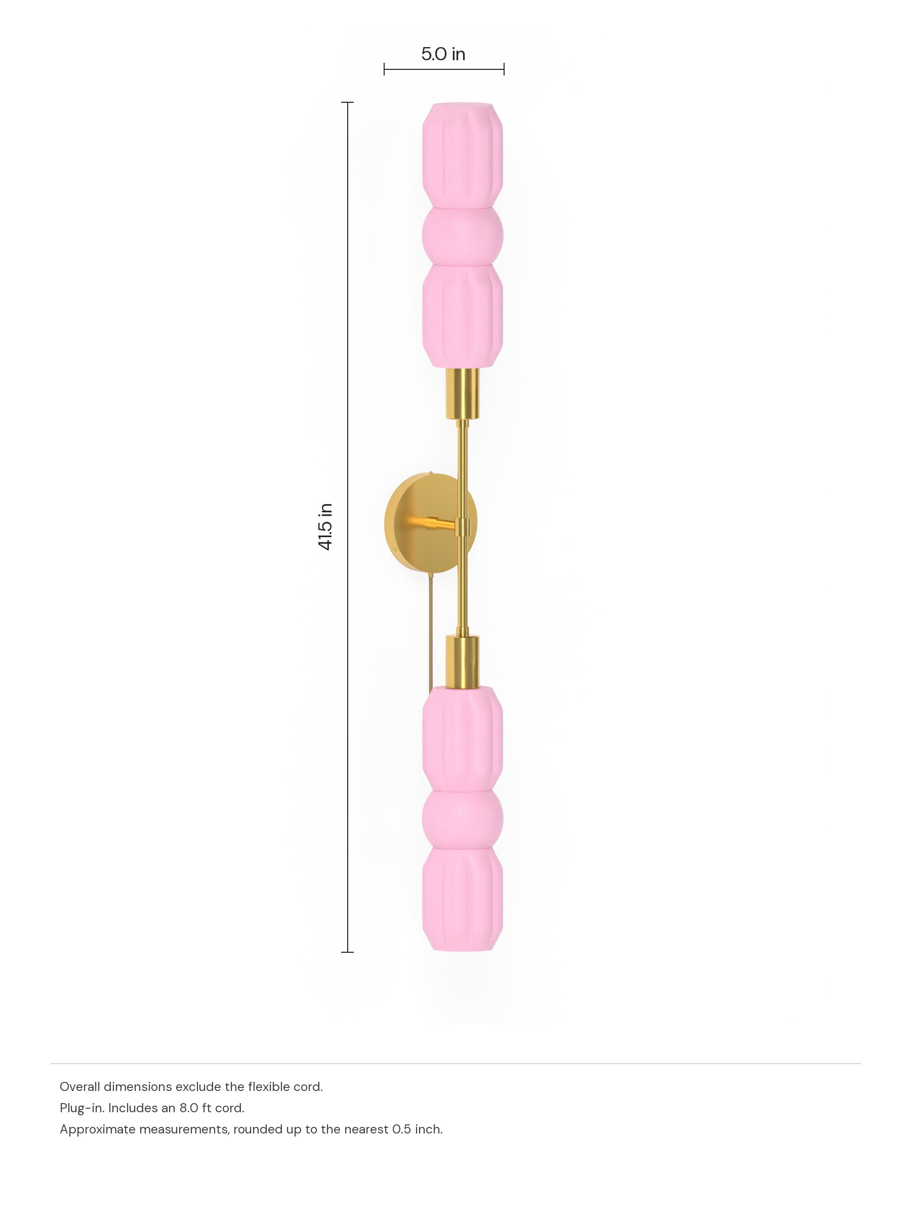 Elaine Plus One in Sakura Pink with brass hardware, plug-in. Dimension drawing: 41.5 in high × 5.0 in wide, excluding flexible cords.
