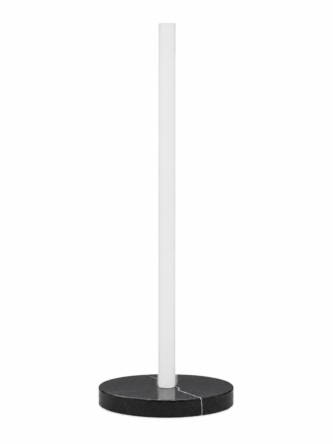 Eldon Trace Column lamp in black marble, a warm white lit column on a round black marble disc base.