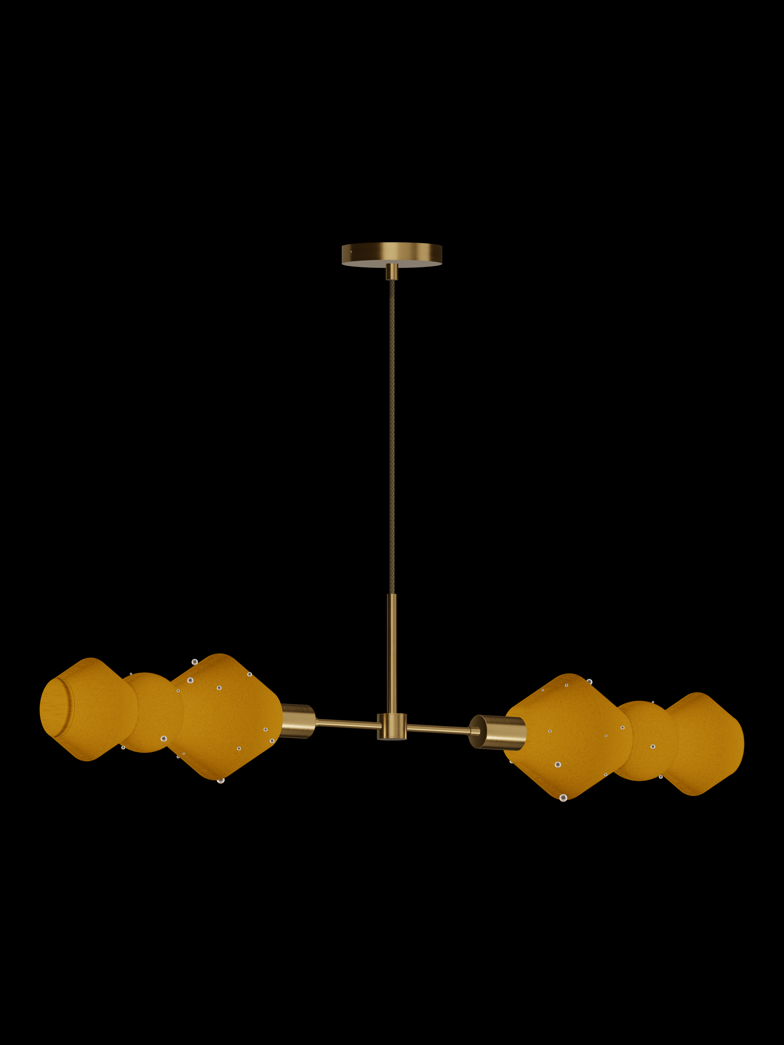 Viv Eavesdropper horizontal pendant with shapes glowing amber with pearl details and brass hardware; hardwired version.