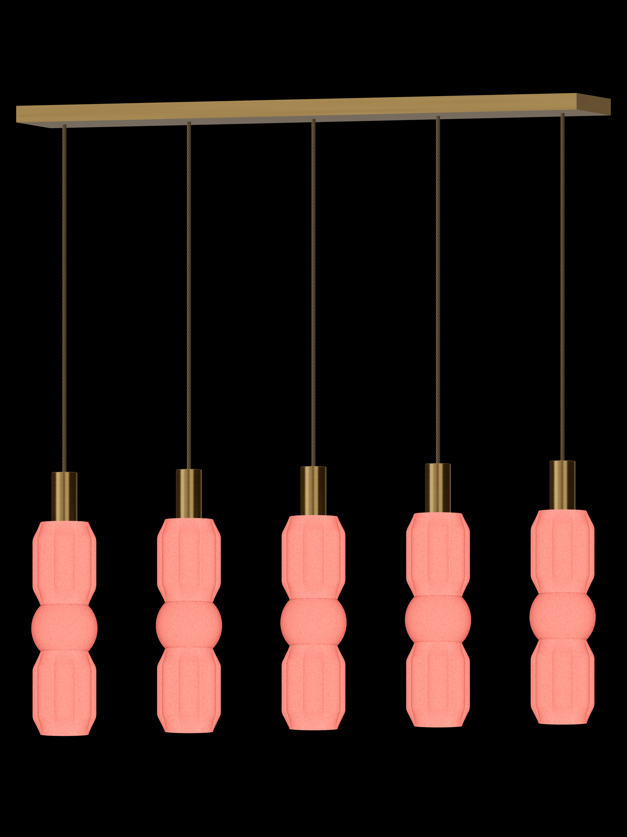 Elaine Runway 5 five-pendant light with shapes glowing coral pink and brass hardware; hardwired version.