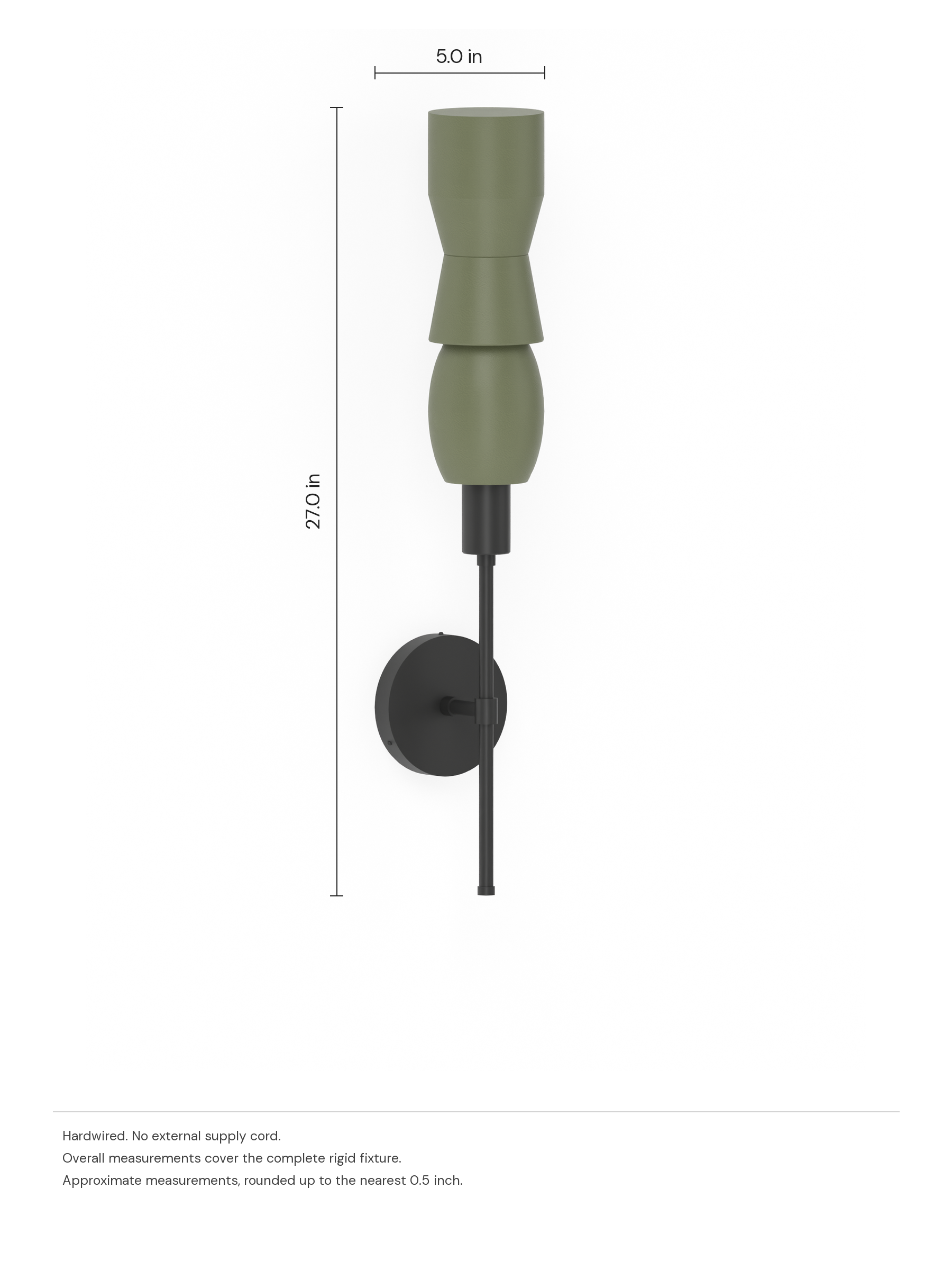 Major Wallflower in Dark Green with black hardware, hardwired. Dimension drawing: 27.0 in high × 5.0 in wide.