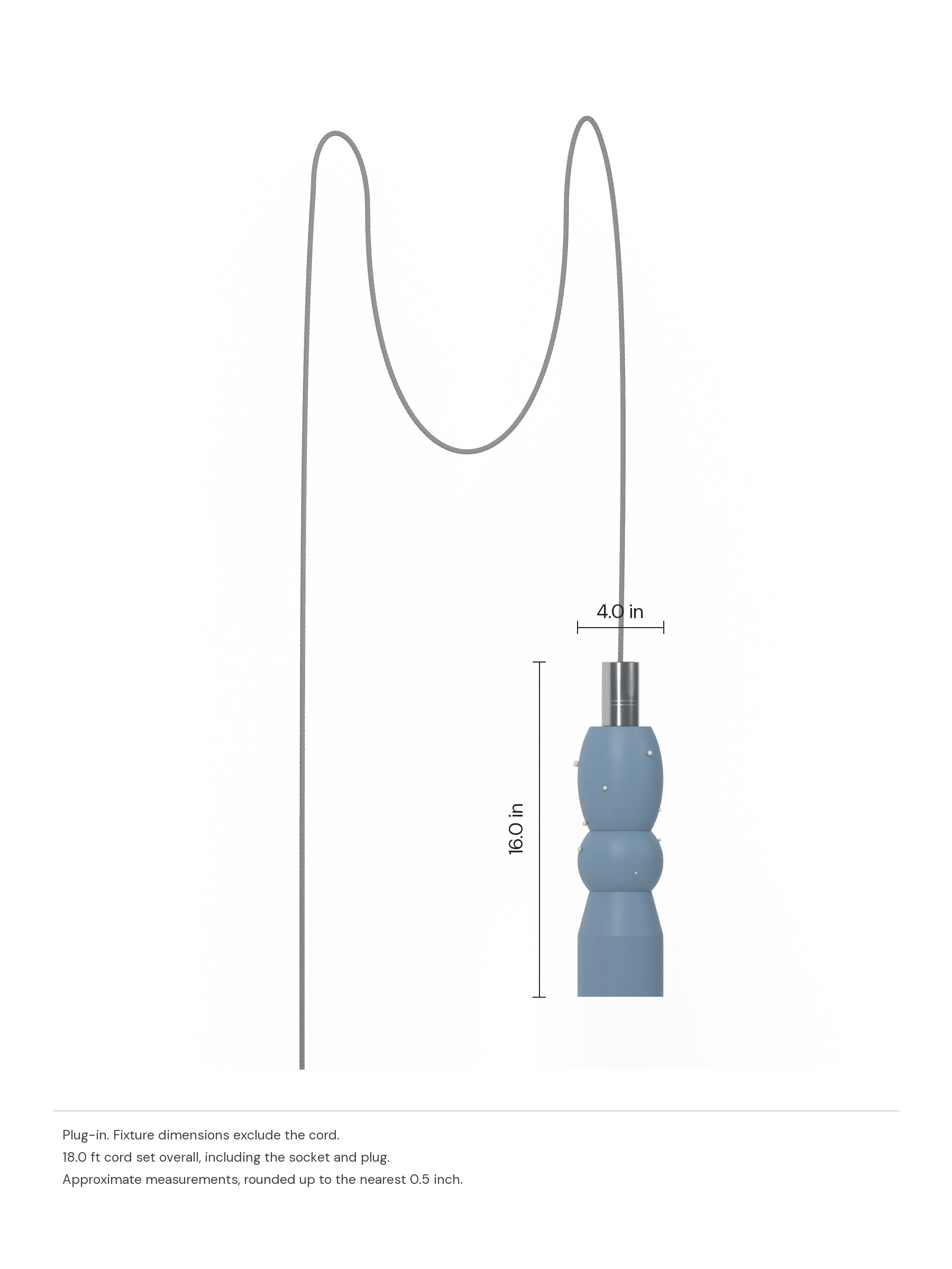 Guest Star Quiche in Twill with Pearl details and nickel hardware. Dimension drawing: 16.0 in high × 4.0 in wide, excluding flexible cords.