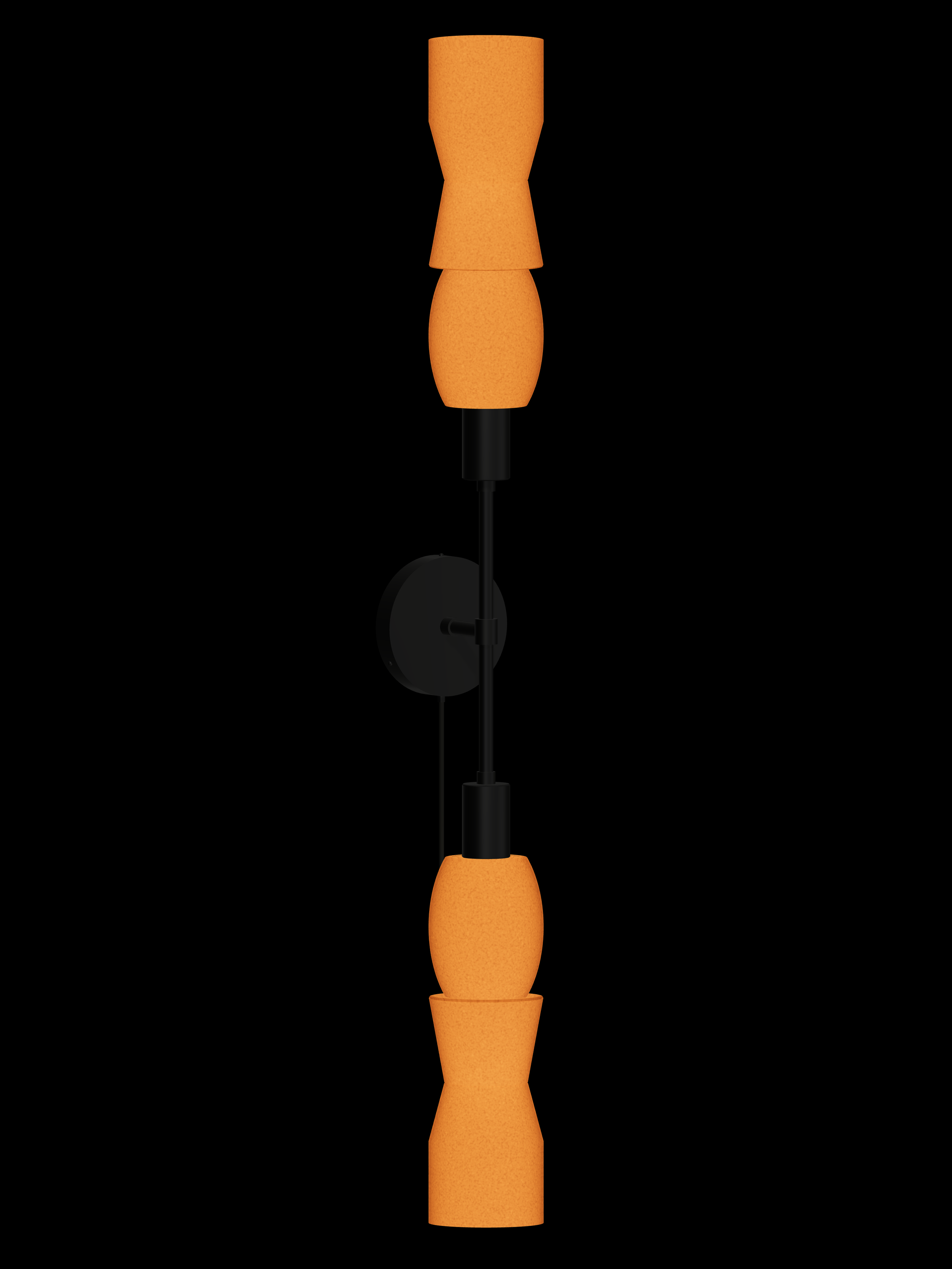 Major Plus One double-ended wall sconce with shapes glowing orange and black hardware; plug-in version.