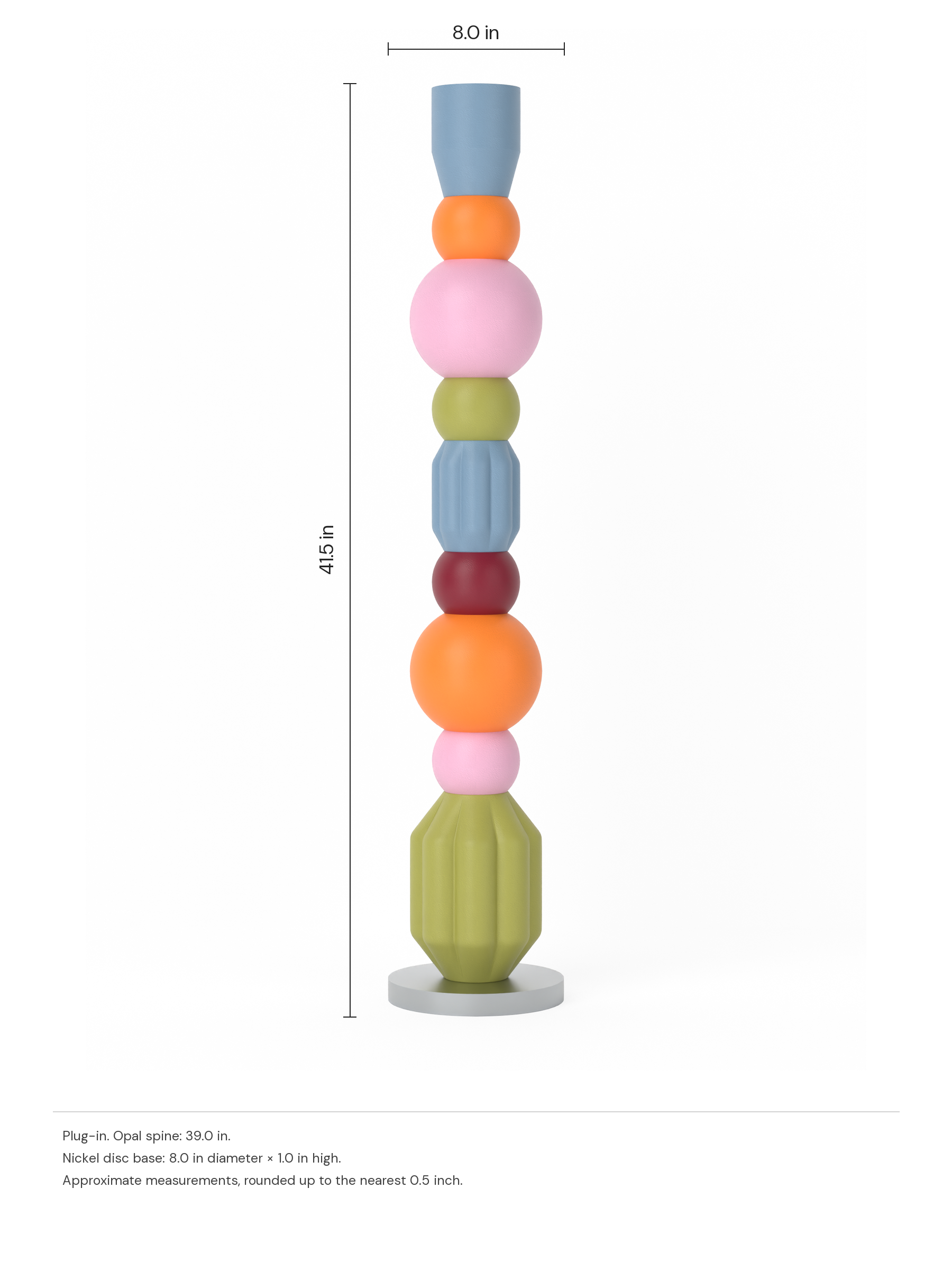 Benny Totem 39 in French Monk, Sakura Pink, Orange, Cordovan, Twill on a nickel disc base, plug-in. Dimension drawing: 41.5 in high × 8.0 in wide, excluding flexible cords.